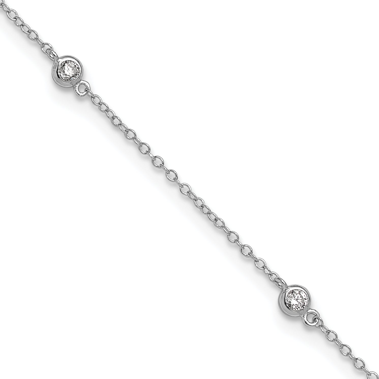 Sterling Silver Rhodium-plated Bezel CZ 5-Station 10 inch Plus 2 inch Extender  - Total 12 inch Anklet