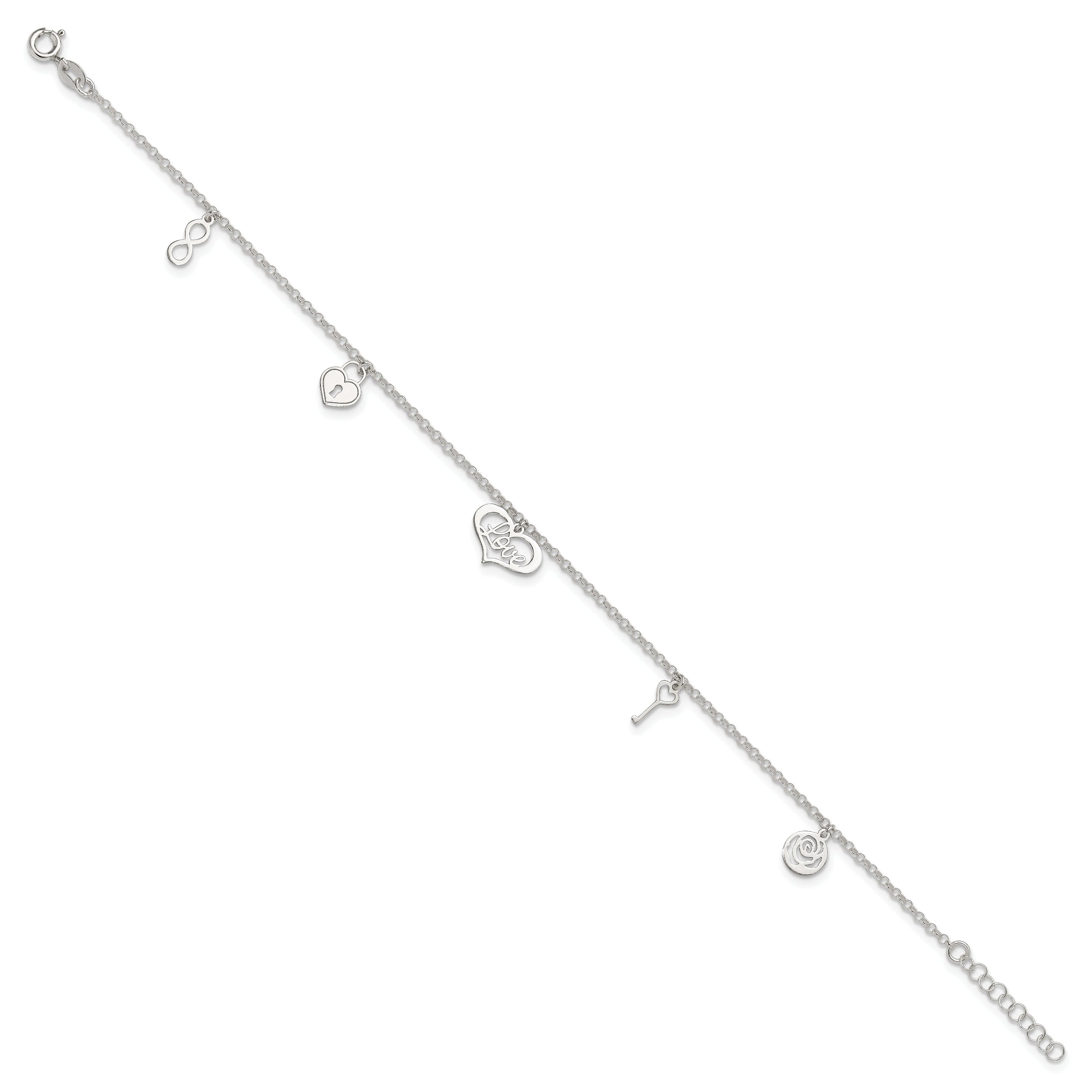 Sterling Silver Love Dangles 9 inch Plus 1 inch Extender - Total 10 inch Anklet
