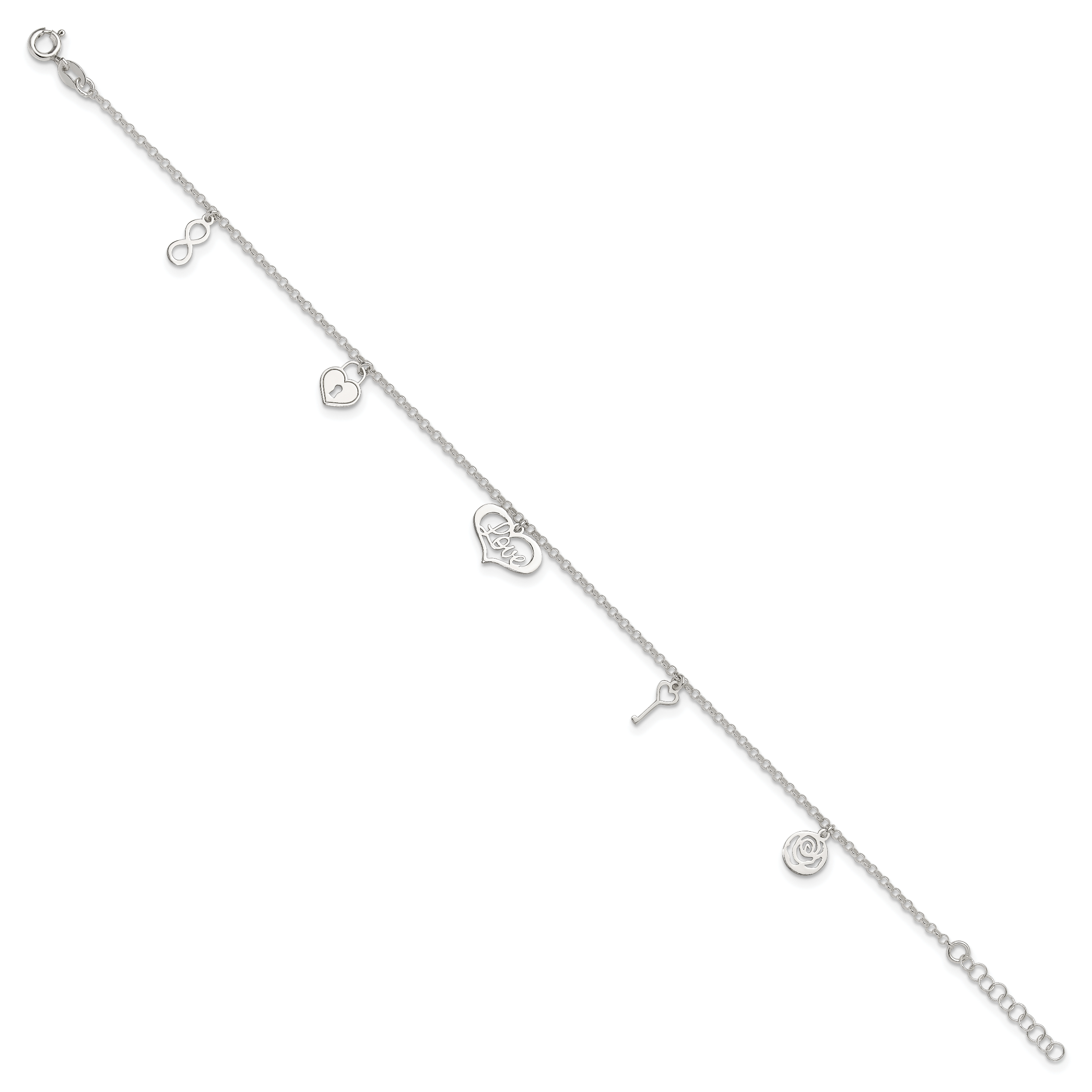 Sterling Silver Love Dangles 9 inch Plus 1 inch Extender - Total 10 inch Anklet Secondary image