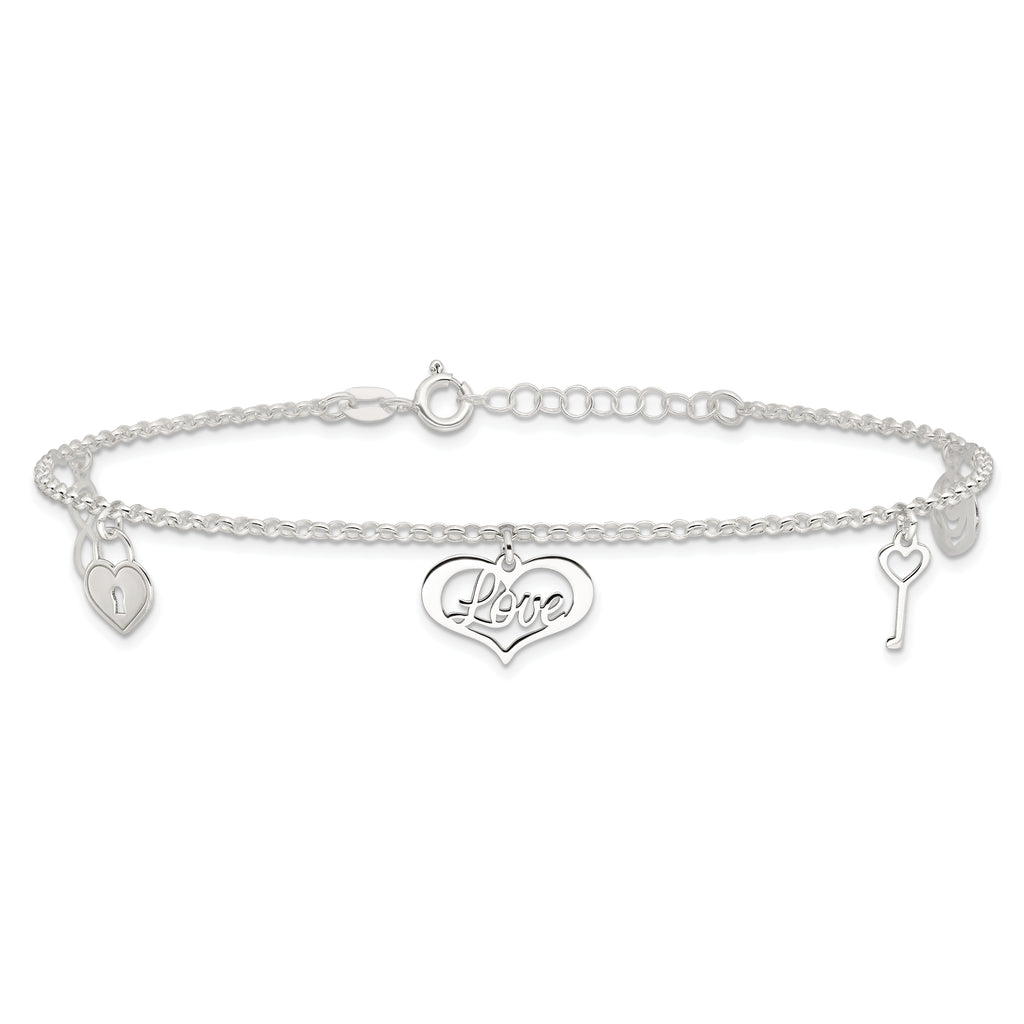 Sterling Silver Love Dangles 9 inch Plus 1 inch Extender - Total 10 inch Anklet