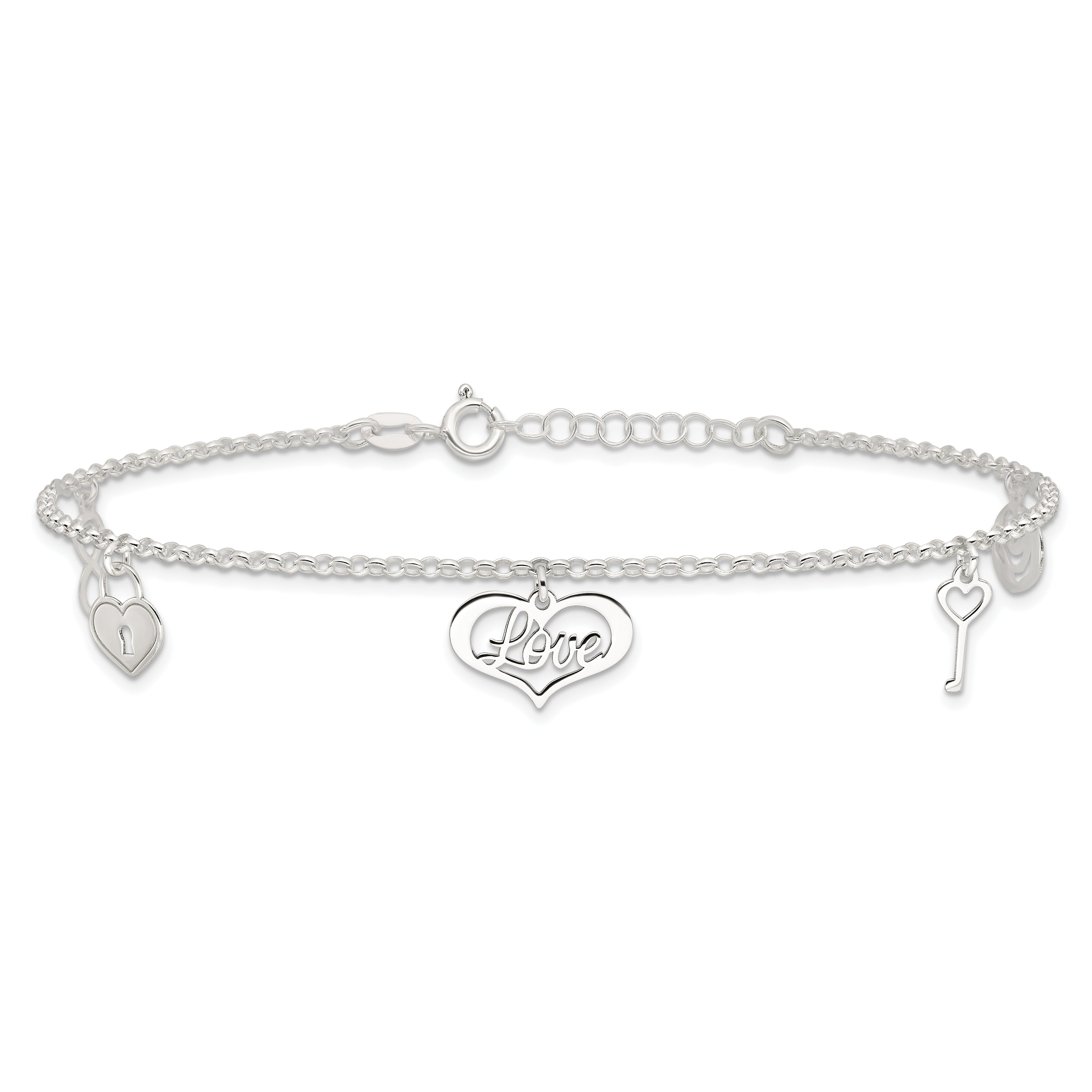 Sterling Silver Love Dangles 9 inch Plus 1 inch Extender - Total 10 inch Anklet