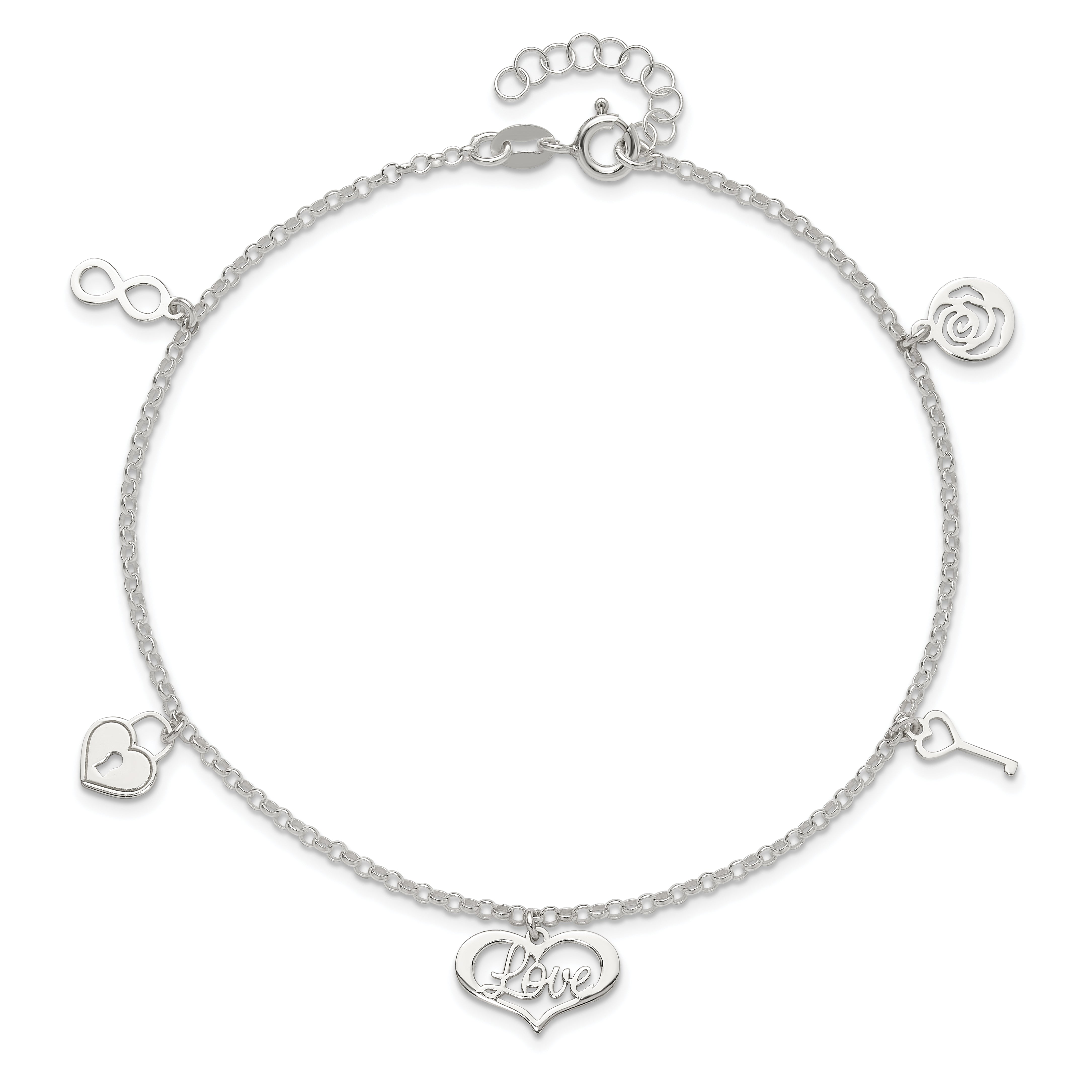 Sterling Silver Love Dangles 9 inch Plus 1 inch Extender - Total 10 inch Anklet