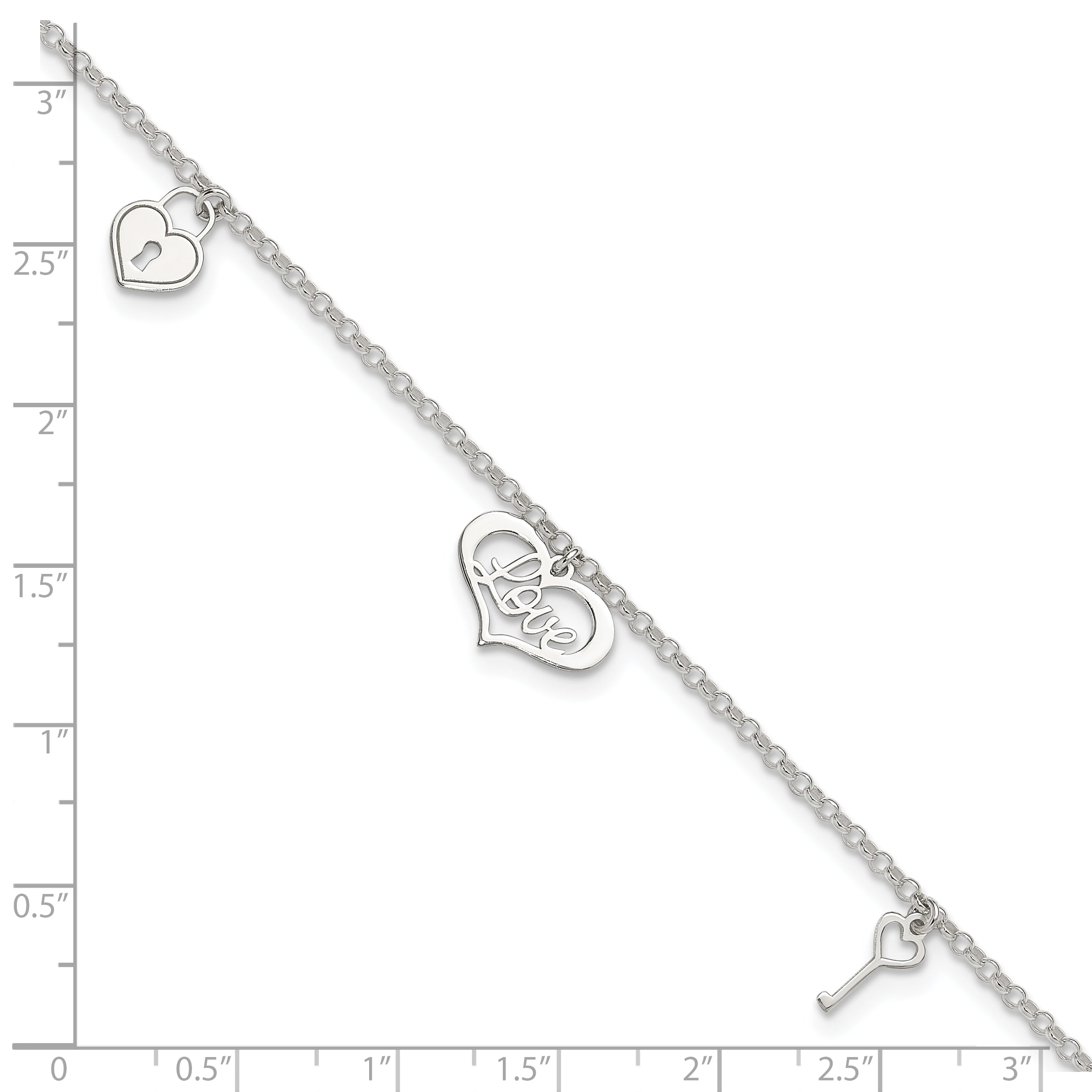 Sterling Silver Love Dangles 9 inch Plus 1 inch Extender - Total 10 inch Anklet