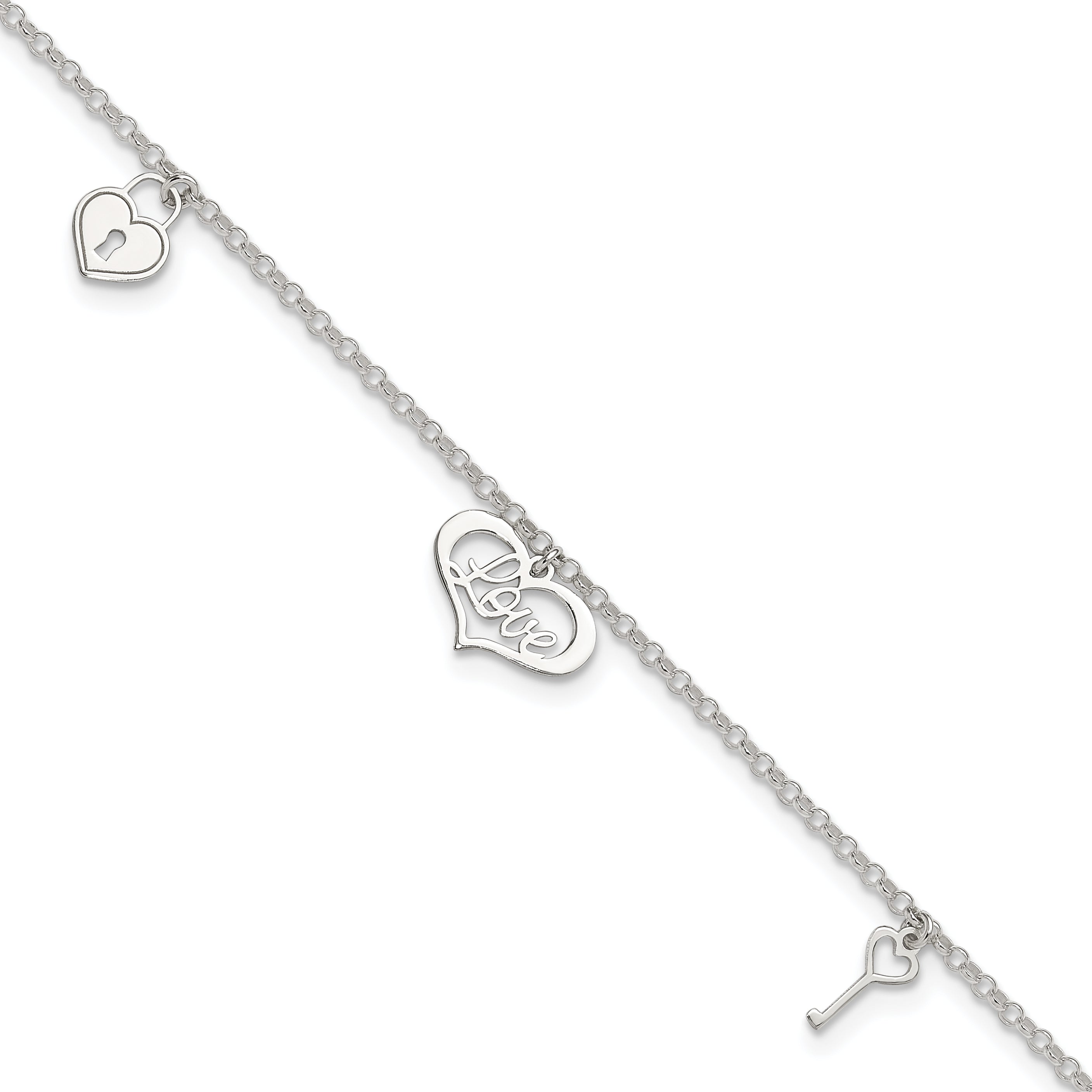 Sterling Silver Love Dangles 9 inch Plus 1 inch Extender - Total 10 inch Anklet