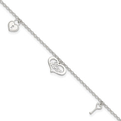 Sterling Silver Love Dangles 9 inch Plus 1 inch Extender - Total 10 inch Anklet