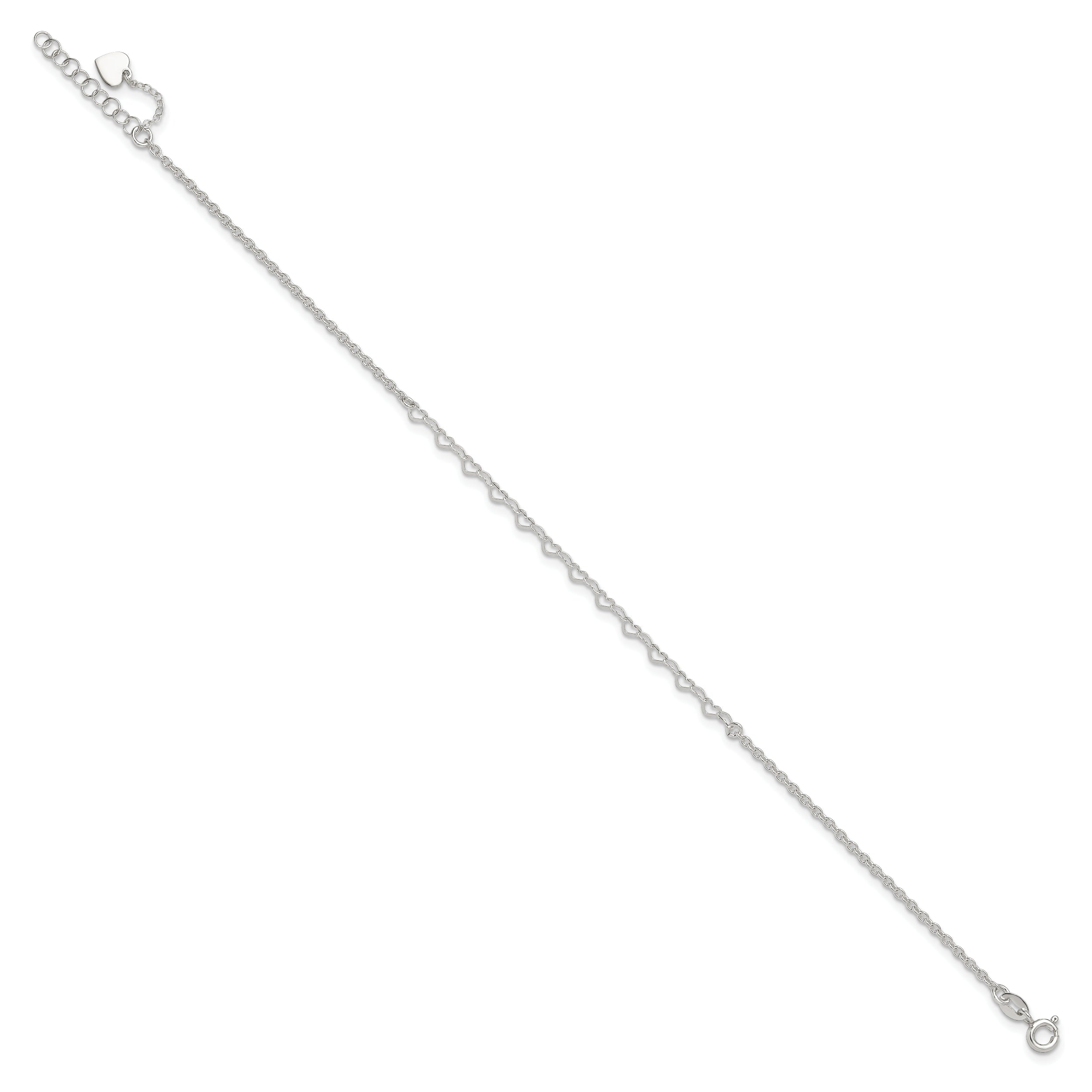 Sterling Silver Heart Link 9 inch Plus 1 inch Extender - Total 10 inch Anklet