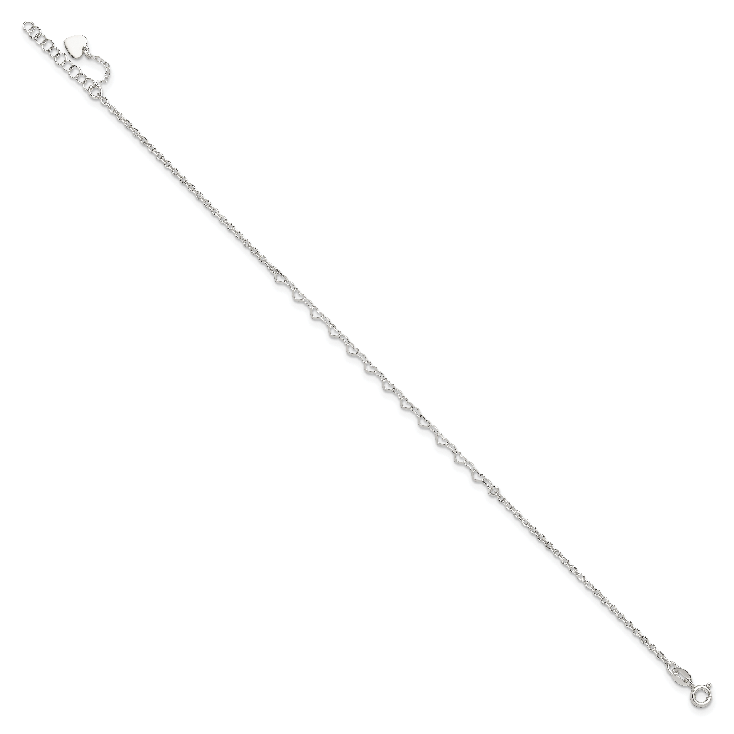 Sterling Silver Heart Link 9 inch Plus 1 inch Extender - Total 10 inch Anklet