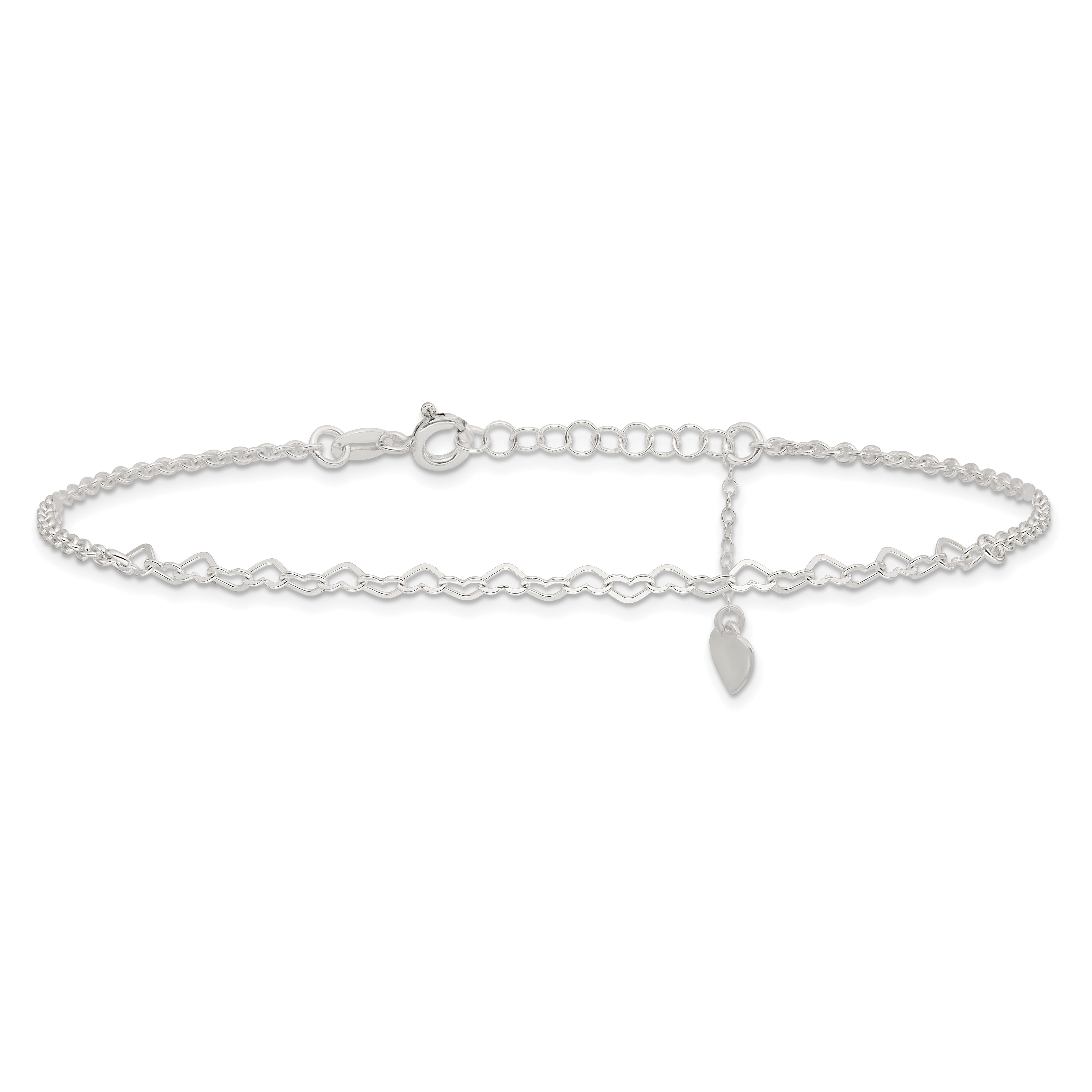 Sterling Silver Heart Link 9 inch Plus 1 inch Extender - Total 10 inch Anklet