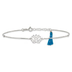 Sterling Silver Lotus with Blue Fabric Tassel 9 inch Plus 1 inch Extender - Total 10 inch Anklet