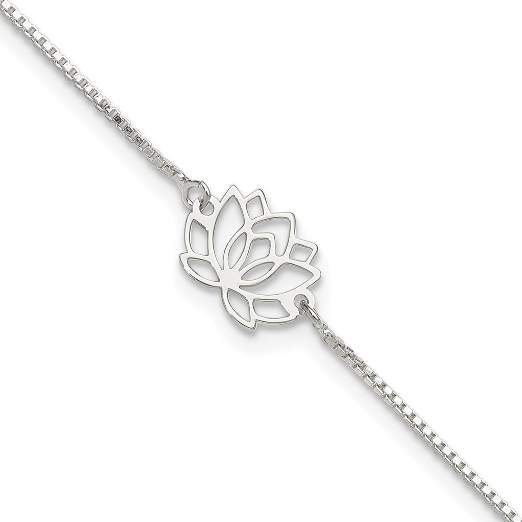 Sterling Silver Lotus with Blue Fabric Tassel 9 inch Plus 1 inch Extender - Total 10 inch Anklet