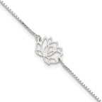 Sterling Silver Lotus with Blue Fabric Tassel 9 inch Plus 1 inch Extender - Total 10 inch Anklet