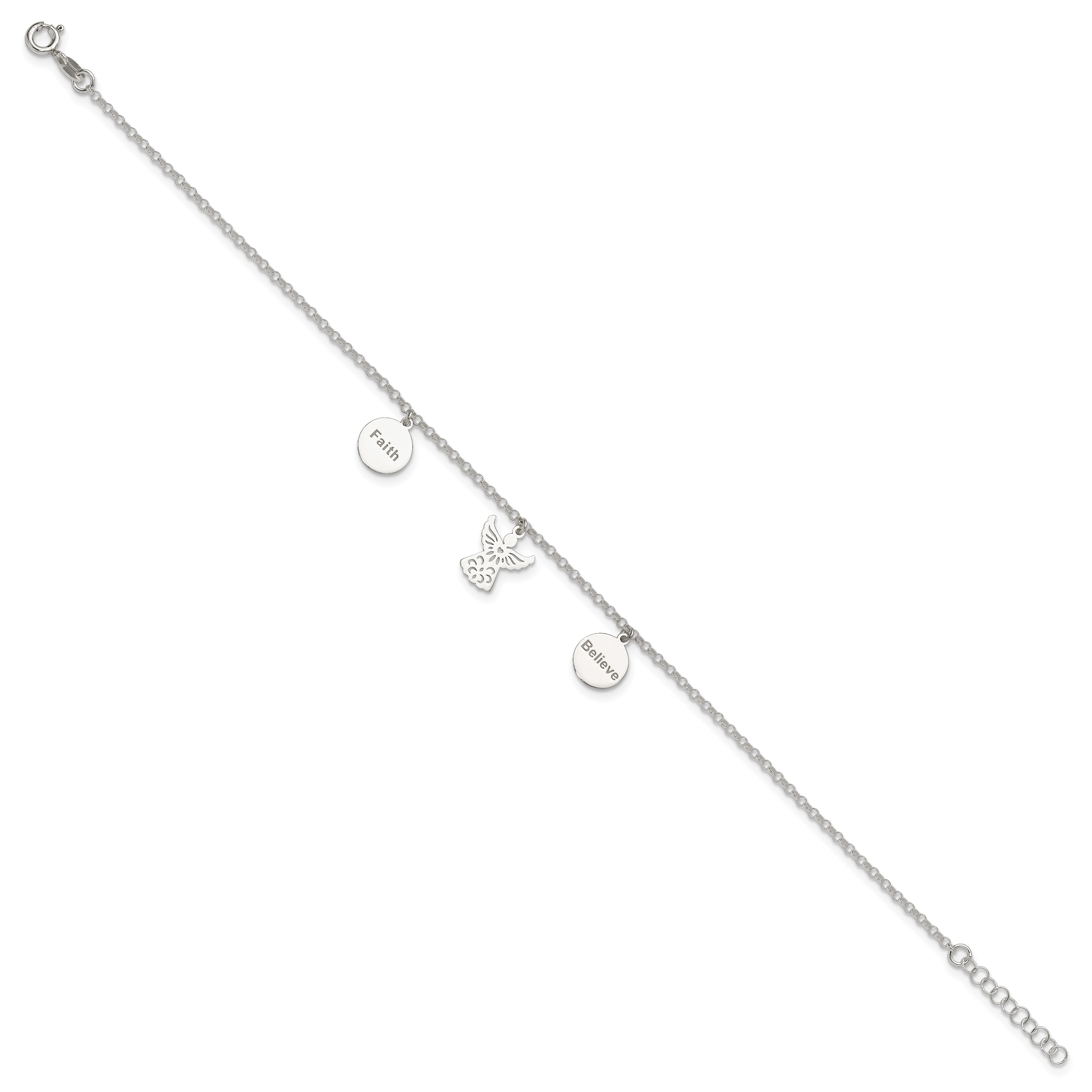 Sterling Silver Faith/Believe/Angel 9 inch Plus 1 inch Extender - Total 10 inch Anklet Secondary image