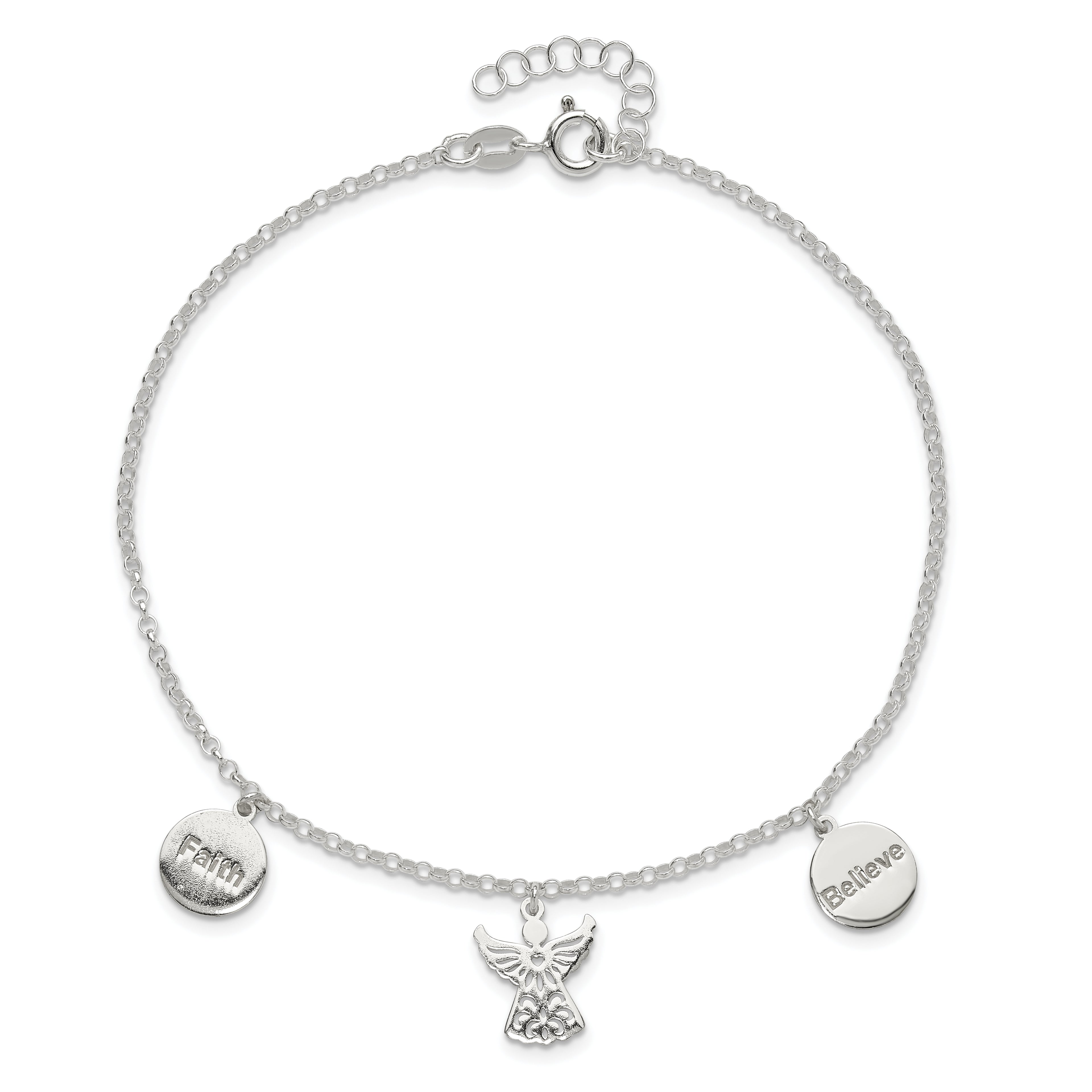 Sterling Silver Faith/Believe/Angel 9 inch Plus 1 inch Extender - Total 10 inch Anklet