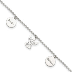 Sterling Silver Faith/Believe/Angel 9 inch Plus 1 inch Extender - Total 10 inch Anklet