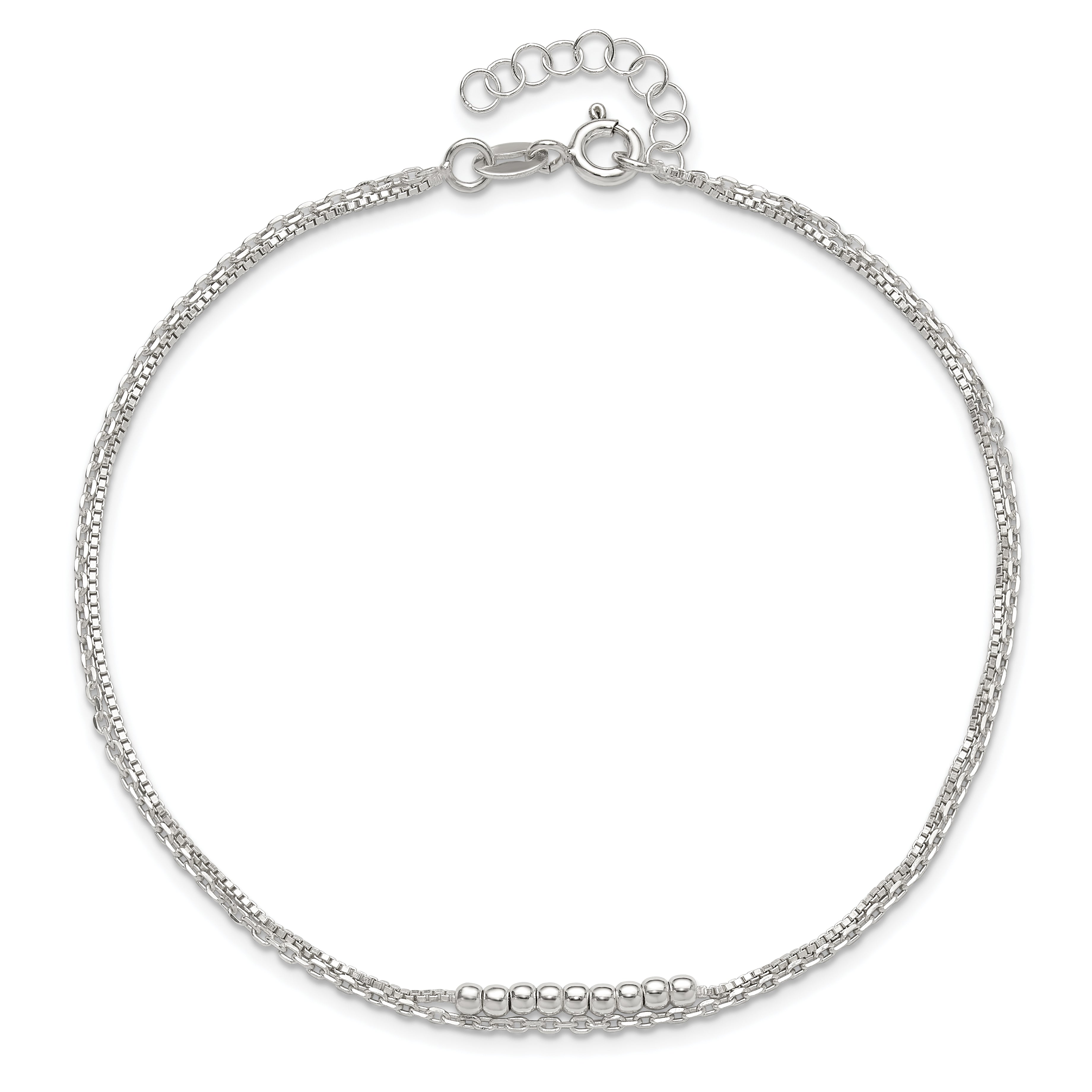 Sterling Silver Beaded 2-Strand 9 inch Plus 1 inch Extender - Total 10 inch Anklet