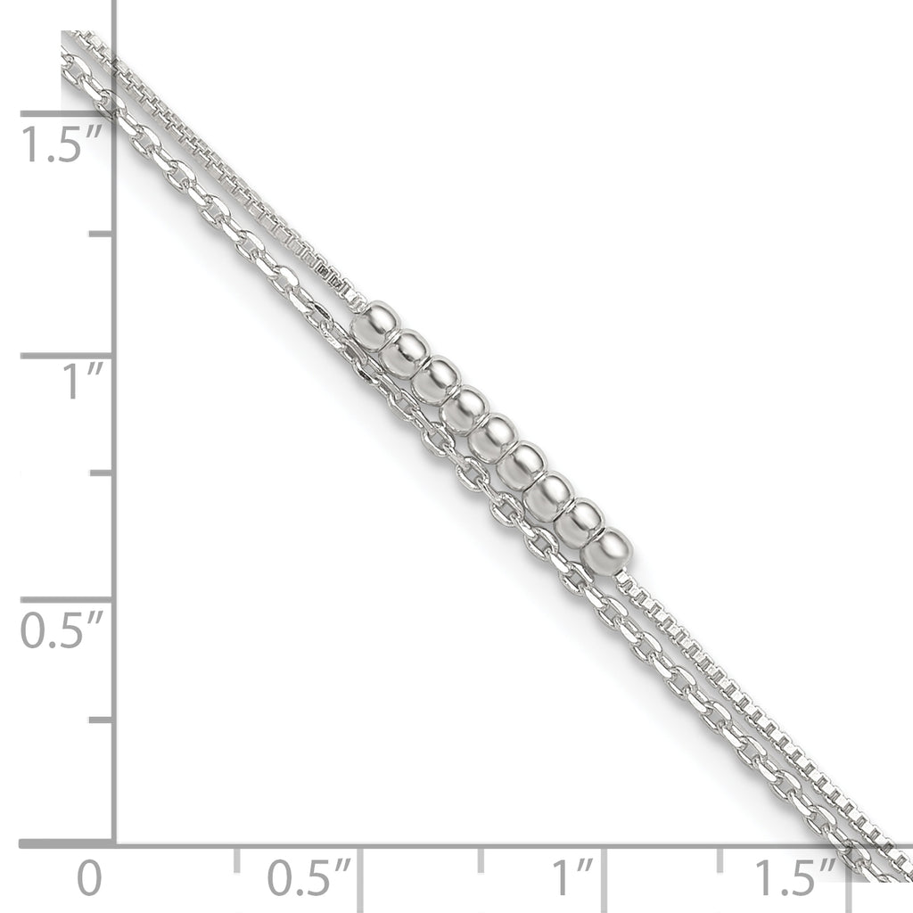 Sterling Silver Beaded 2-Strand 9 inch Plus 1 inch Extender - Total 10 inch Anklet