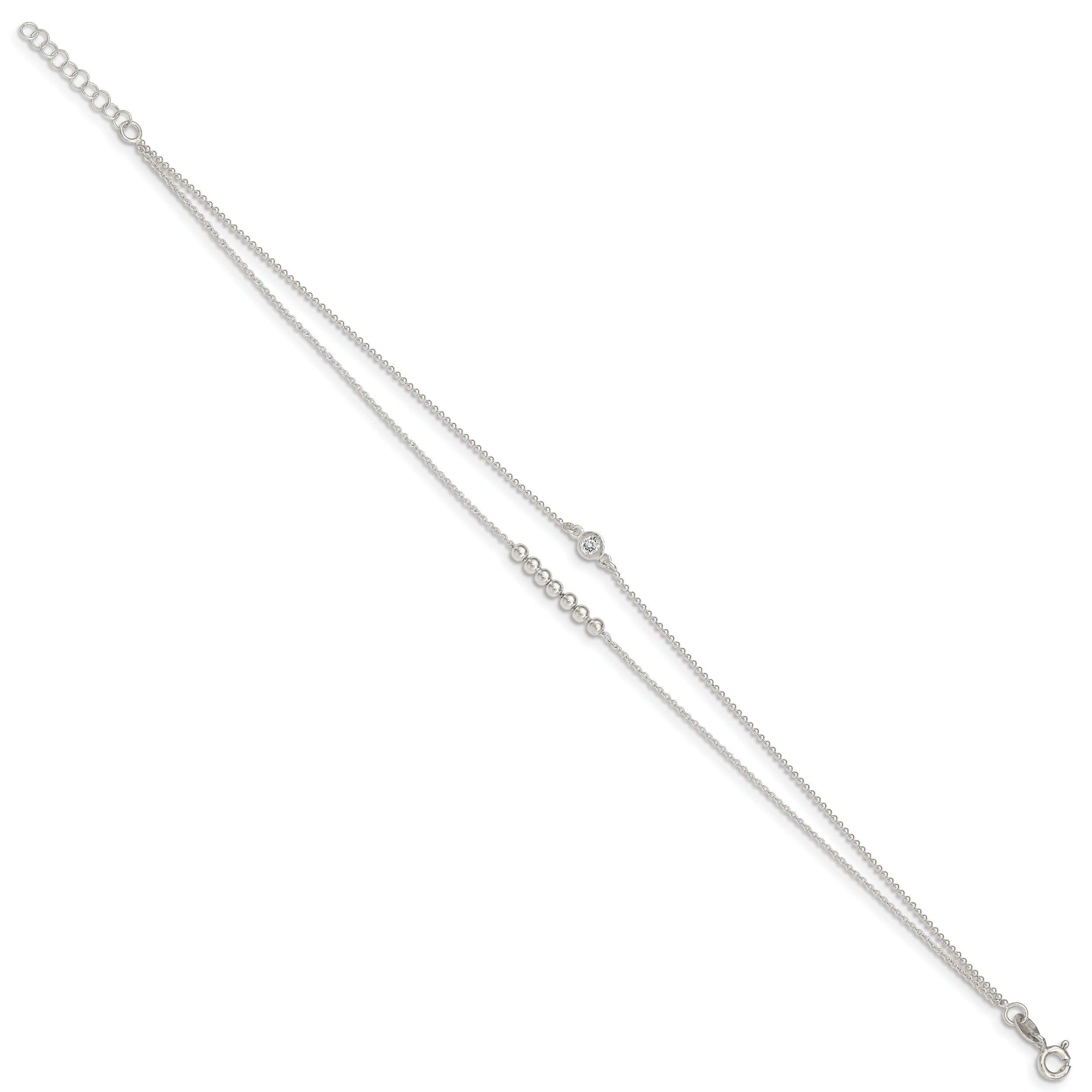 Sterling Silver 2-Strand Beaded CZ 9 inch Plus 1 inch Extender - Total 10 inch Anklet Secondary image