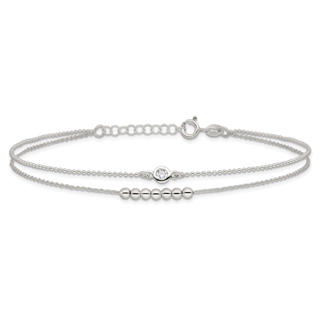 Sterling Silver 2-Strand Beaded CZ 9 inch Plus 1 inch Extender - Total 10 inch Anklet