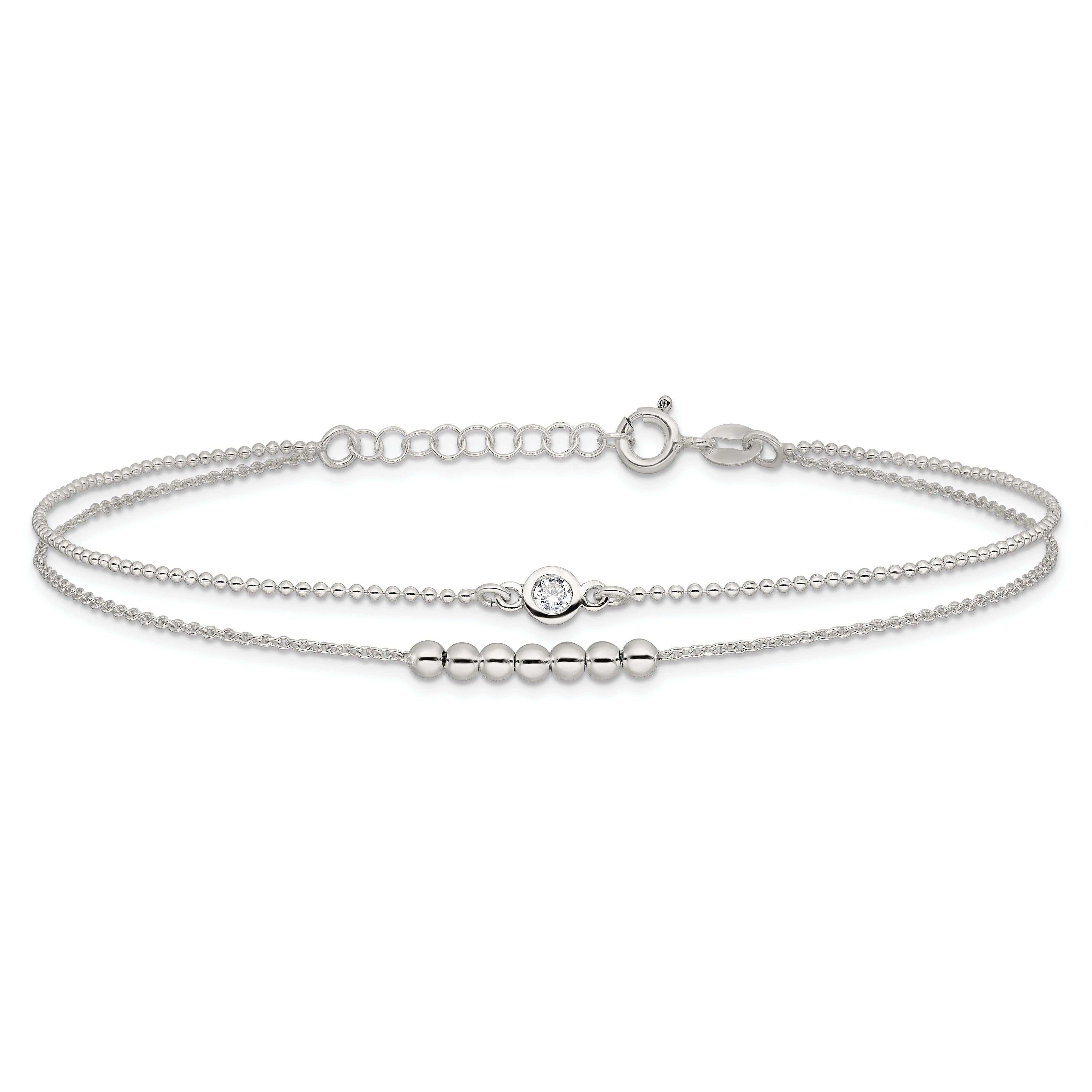 Sterling Silver 2-Strand Beaded CZ 9 inch Plus 1 inch Extender - Total 10 inch Anklet