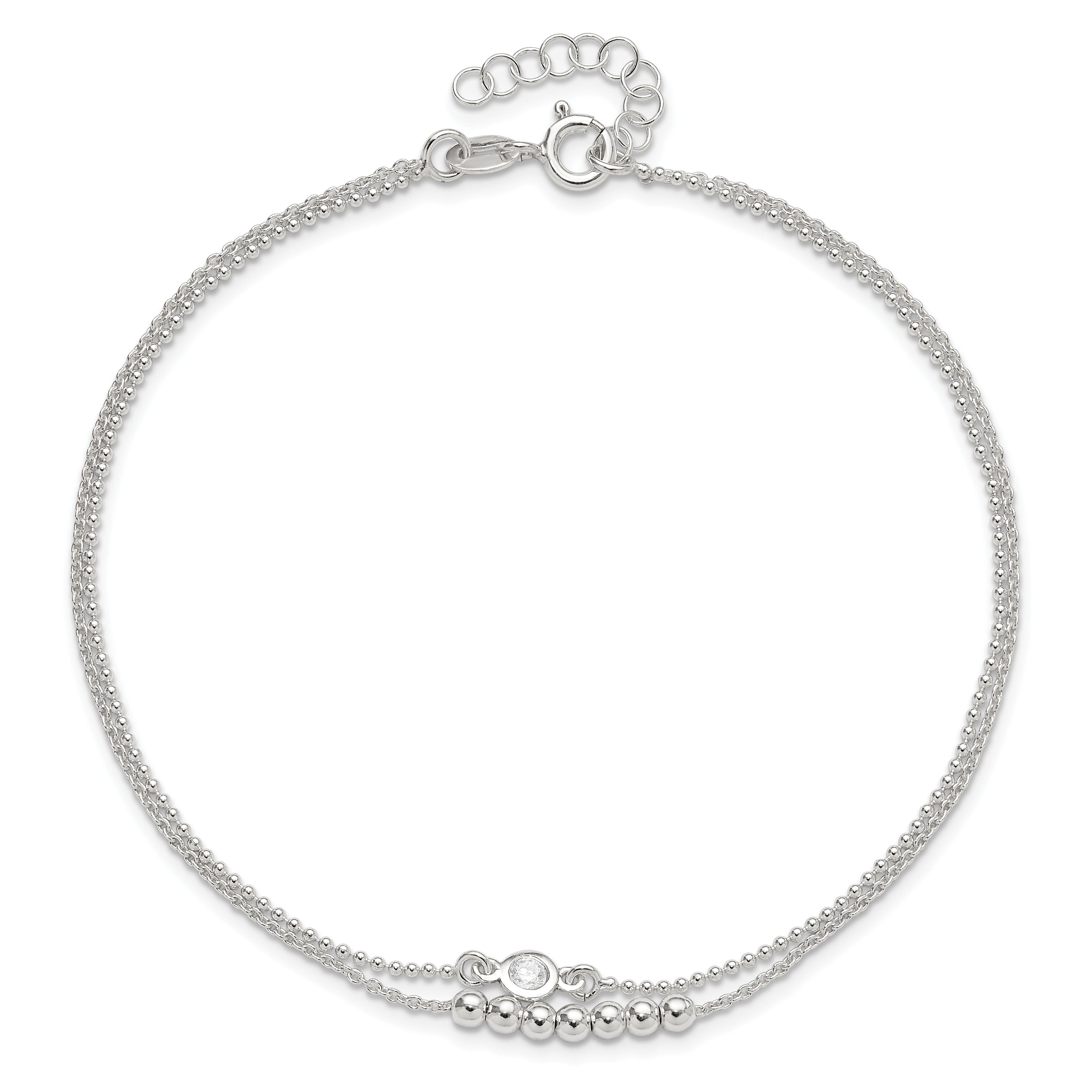 Sterling Silver 2-Strand Beaded CZ 9 inch Plus 1 inch Extender - Total 10 inch Anklet