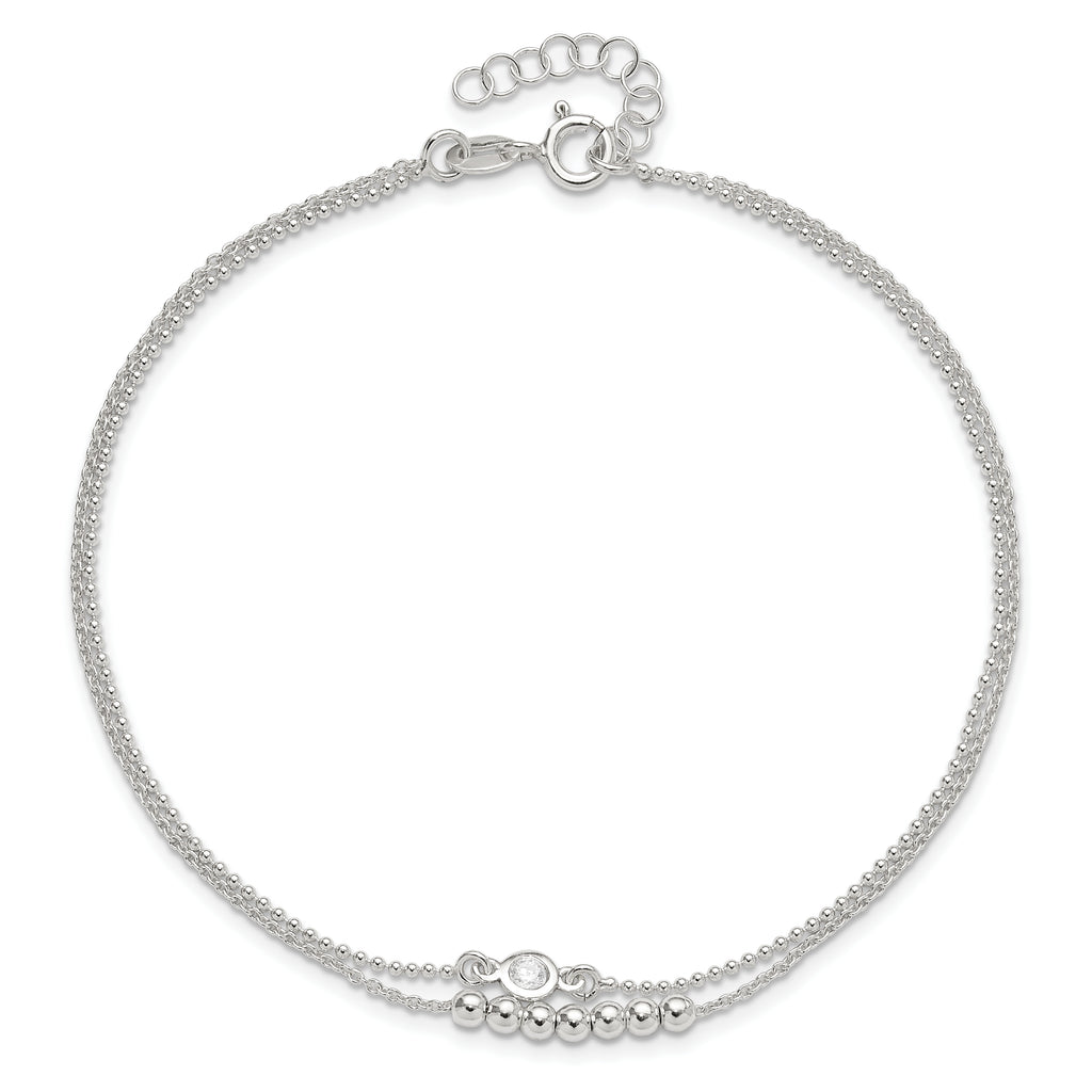 Sterling Silver 2-Strand Beaded CZ 9 inch Plus 1 inch Extender - Total 10 inch Anklet