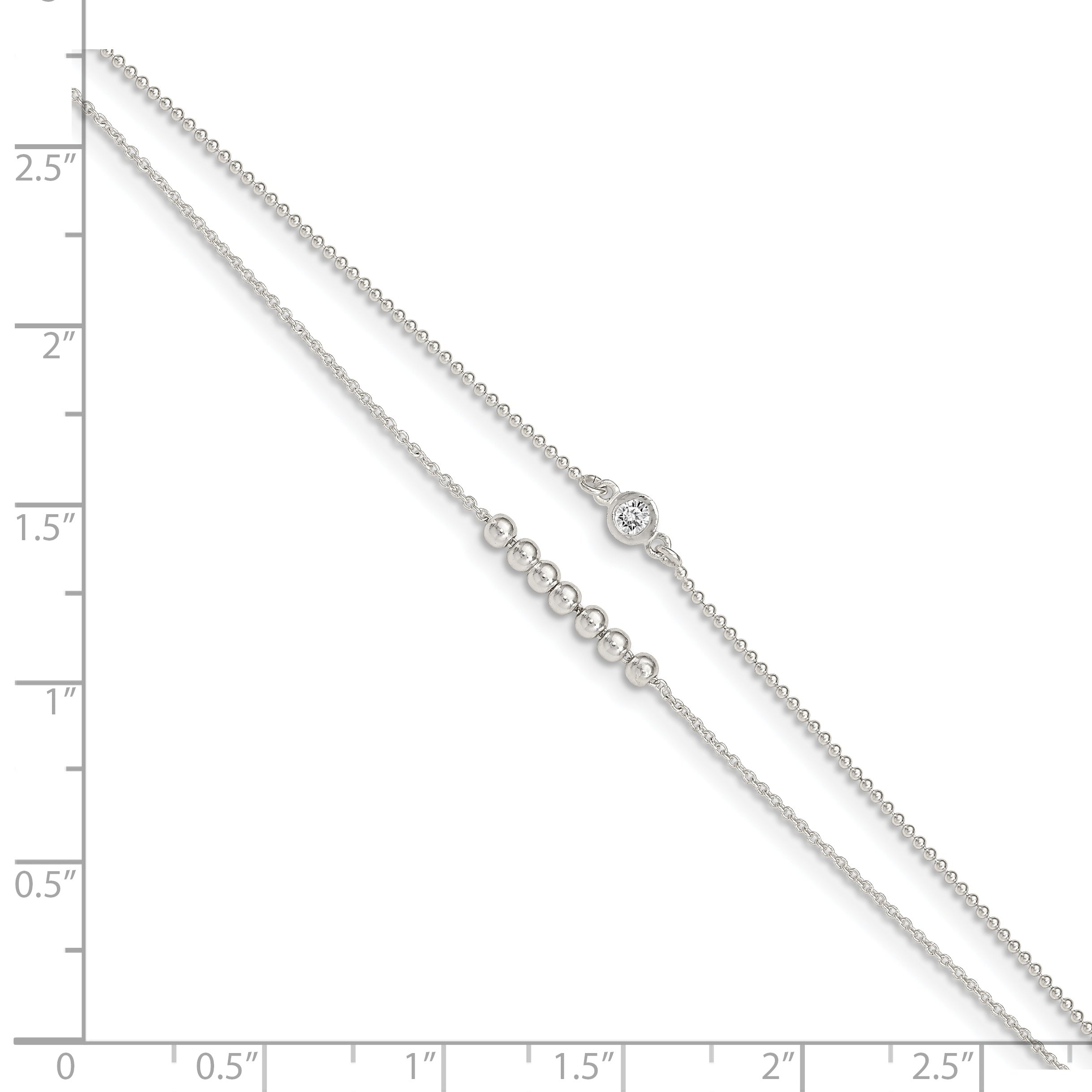 Sterling Silver 2-Strand Beaded CZ 9 inch Plus 1 inch Extender - Total 10 inch Anklet