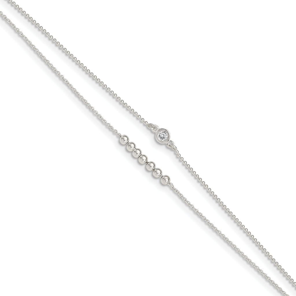 Sterling Silver 2-Strand Beaded CZ 9 inch Plus 1 inch Extender - Total 10 inch Anklet