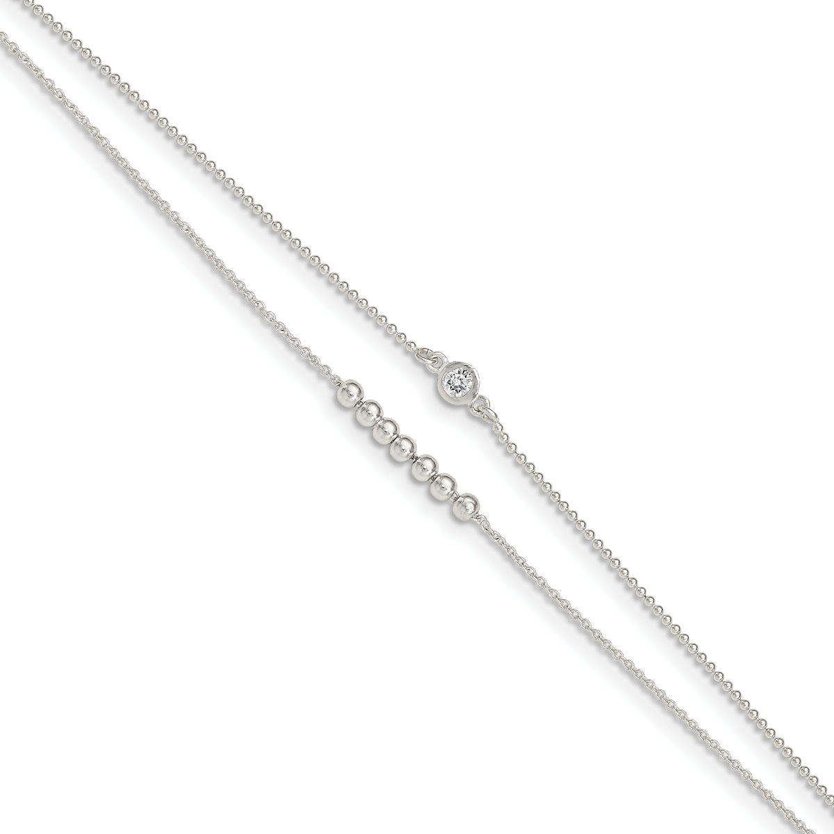 Sterling Silver 2-Strand Beaded CZ 9 inch Plus 1 inch Extender - Total 10 inch Anklet