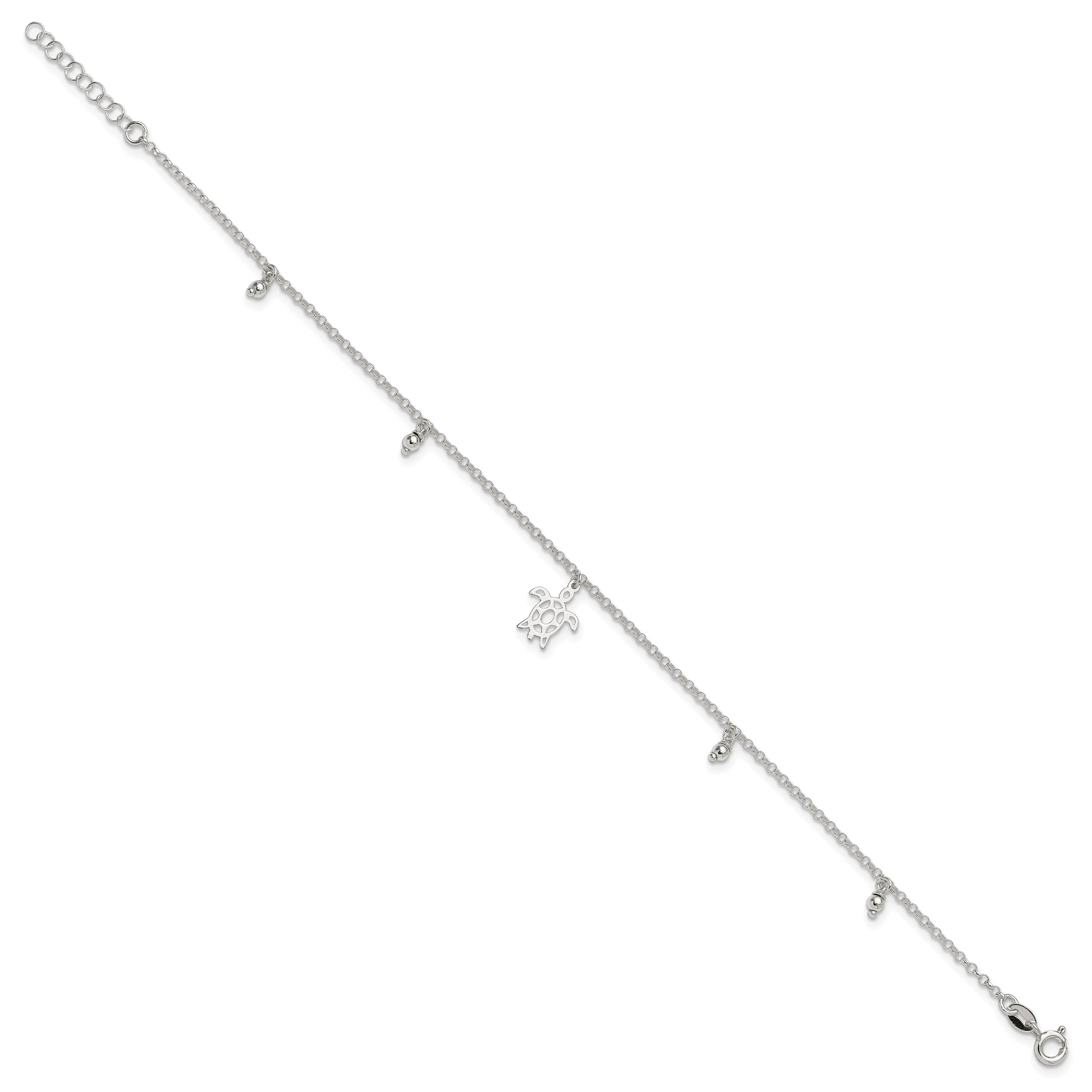 Sterling Silver Turtle and Beads 9 inch Plus 1 inch Extender - Total 10 inch Anklet