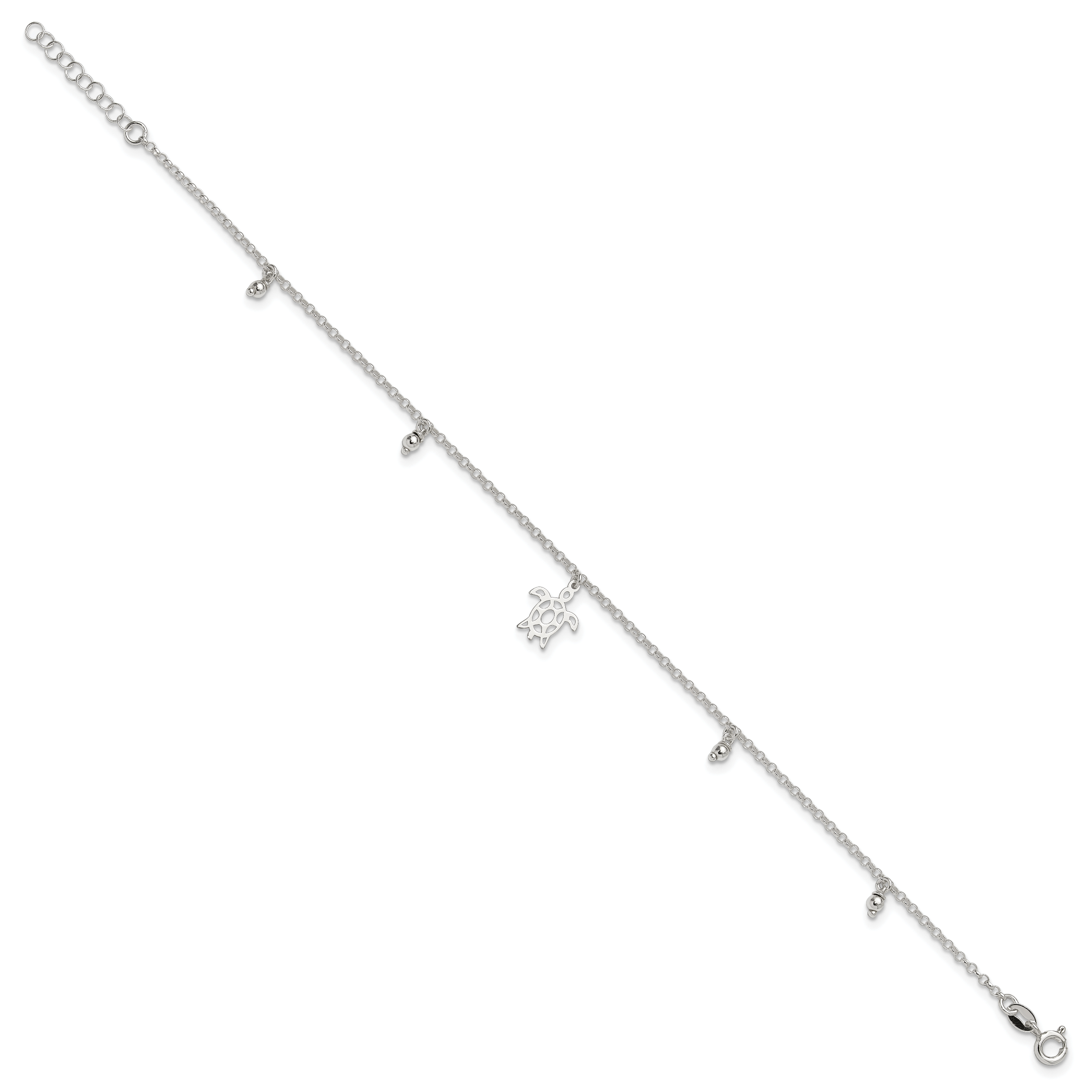 Sterling Silver Turtle and Beads 9 inch Plus 1 inch Extender - Total 10 inch Anklet