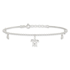 Sterling Silver Turtle and Beads 9 inch Plus 1 inch Extender - Total 10 inch Anklet