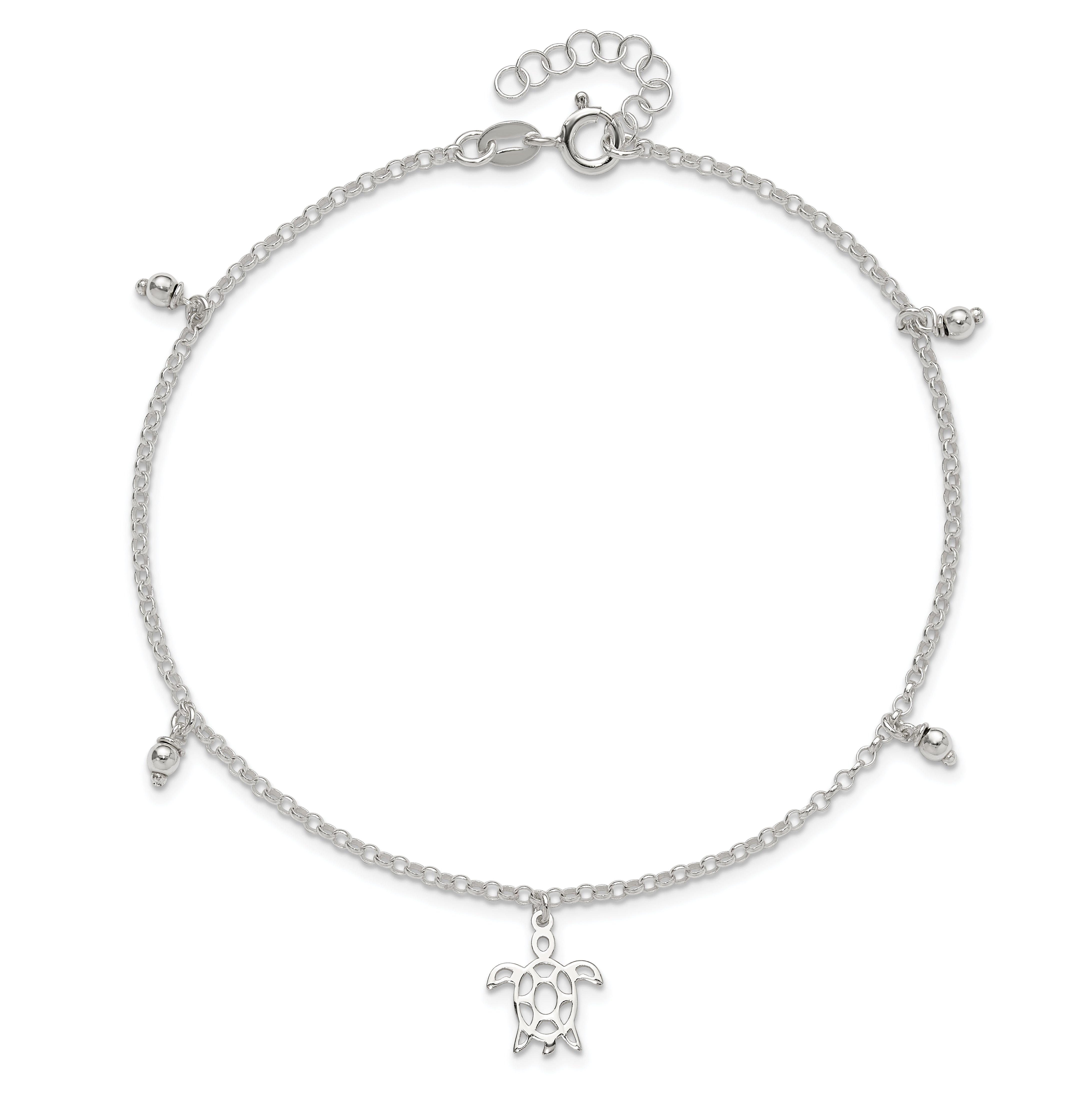 Sterling Silver Turtle and Beads 9 inch Plus 1 inch Extender - Total 10 inch Anklet