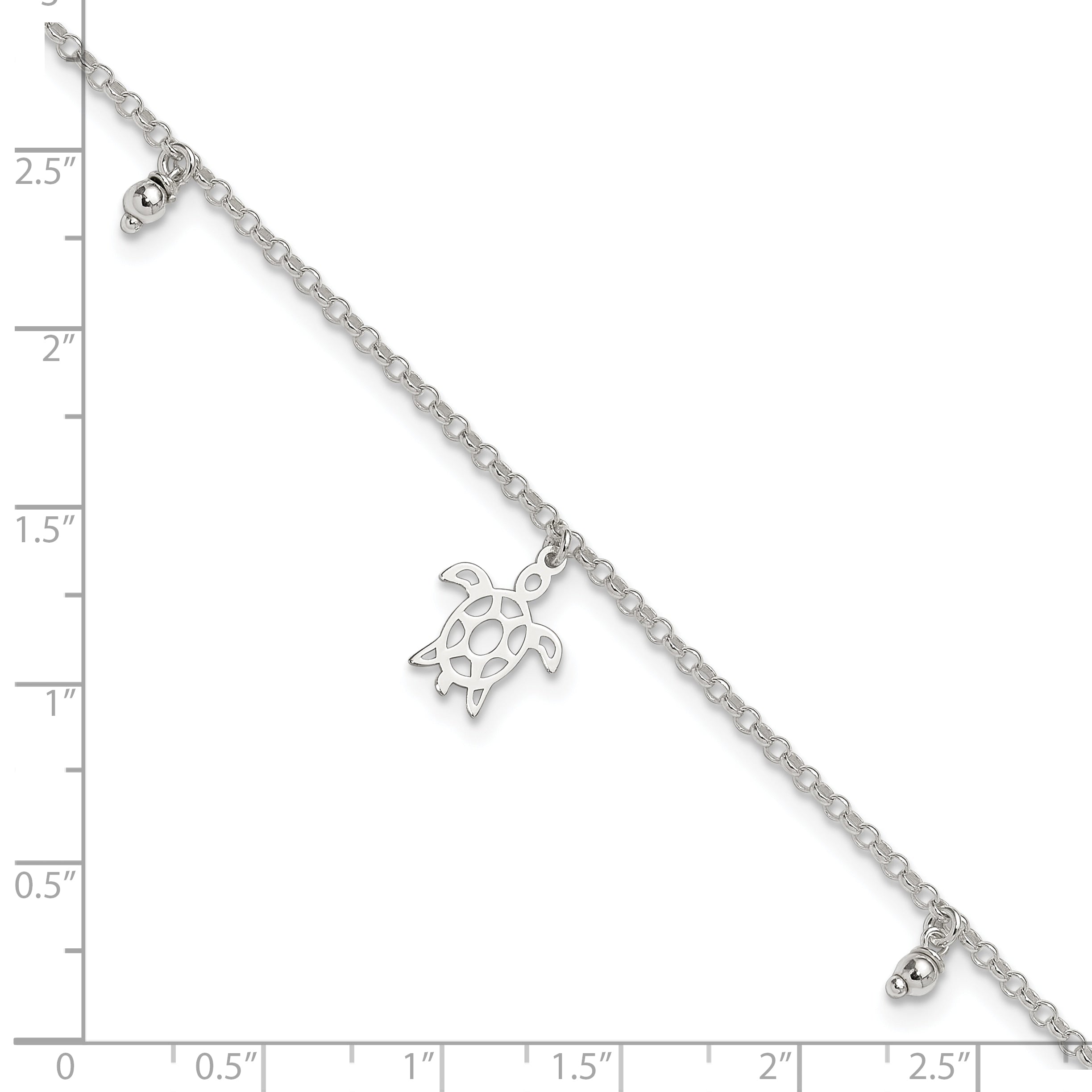 Sterling Silver Turtle and Beads 9 inch Plus 1 inch Extender - Total 10 inch Anklet