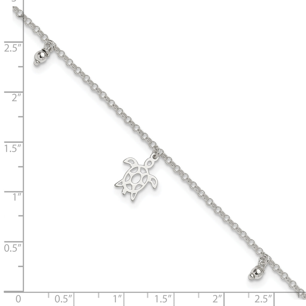 Sterling Silver Turtle and Beads 9 inch Plus 1 inch Extender - Total 10 inch Anklet