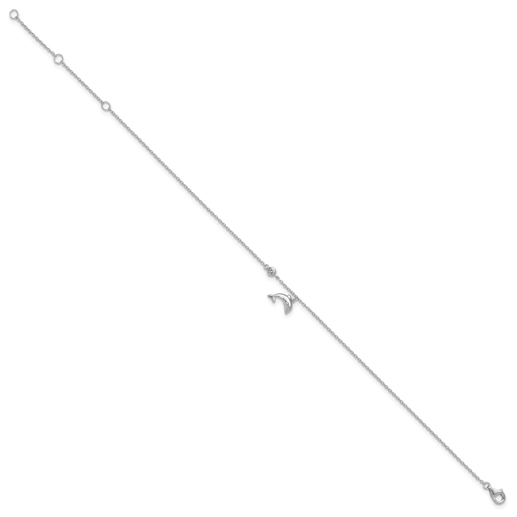 Sterling Silver Rhodium-plated CZ Dolphin 9 inch Plus 2 inch Extender - Total 11 inch Anklet