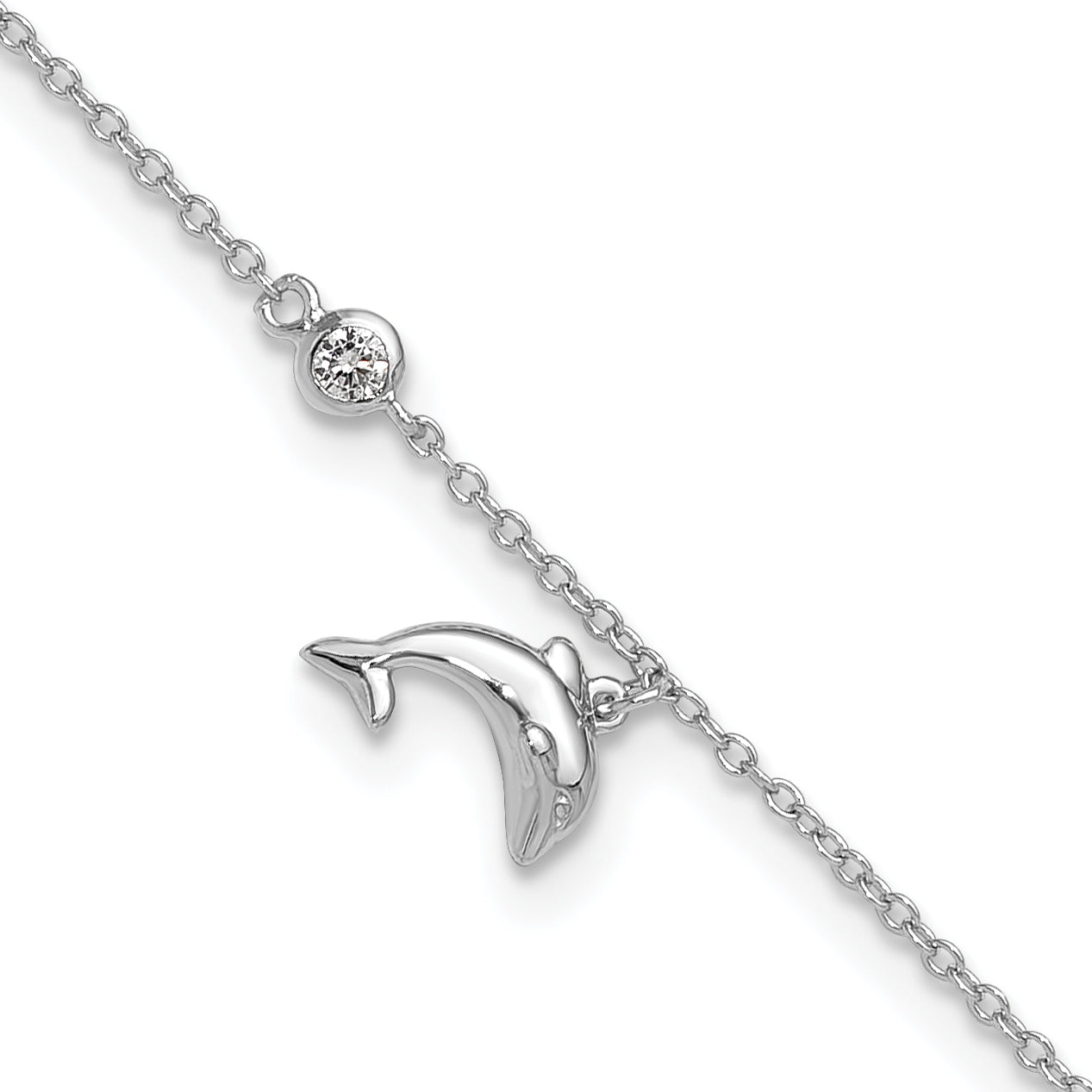 Sterling Silver Rhodium-plated CZ Dolphin 9 inch Plus 2 inch Extender - Total 11 inch Anklet Main image