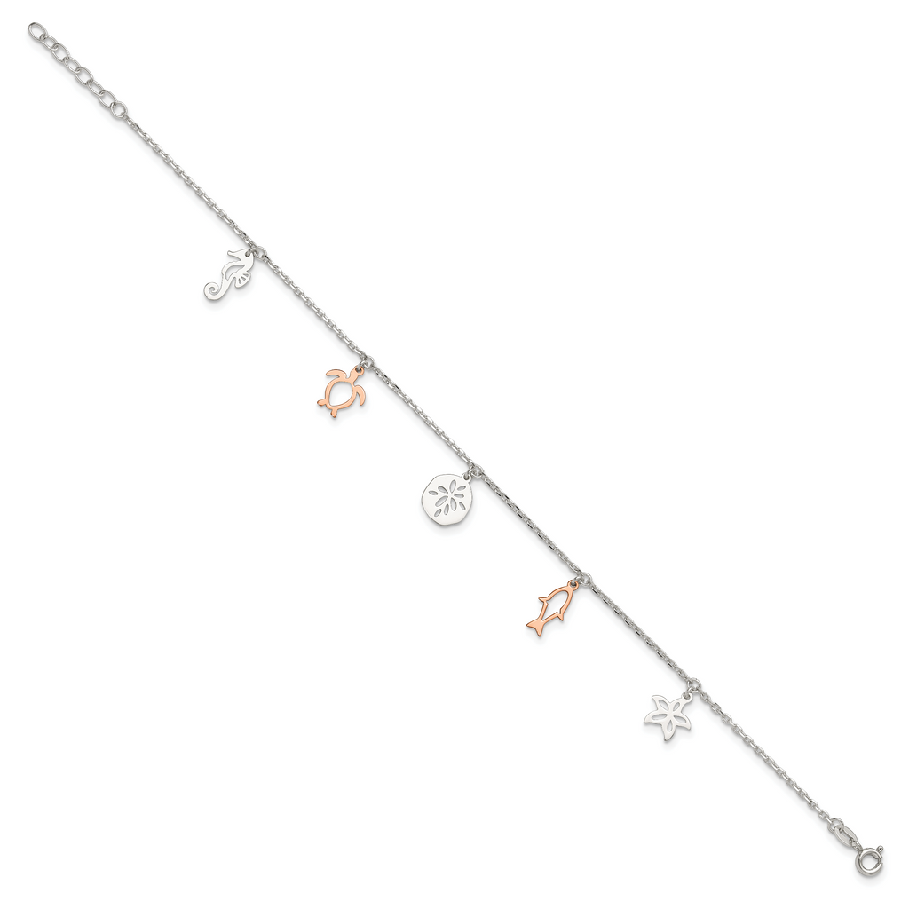 Sterling Silver Rose-tone Seashore Charms 9 inch Plus 1 inch Extender - Total 10 inch Anklet