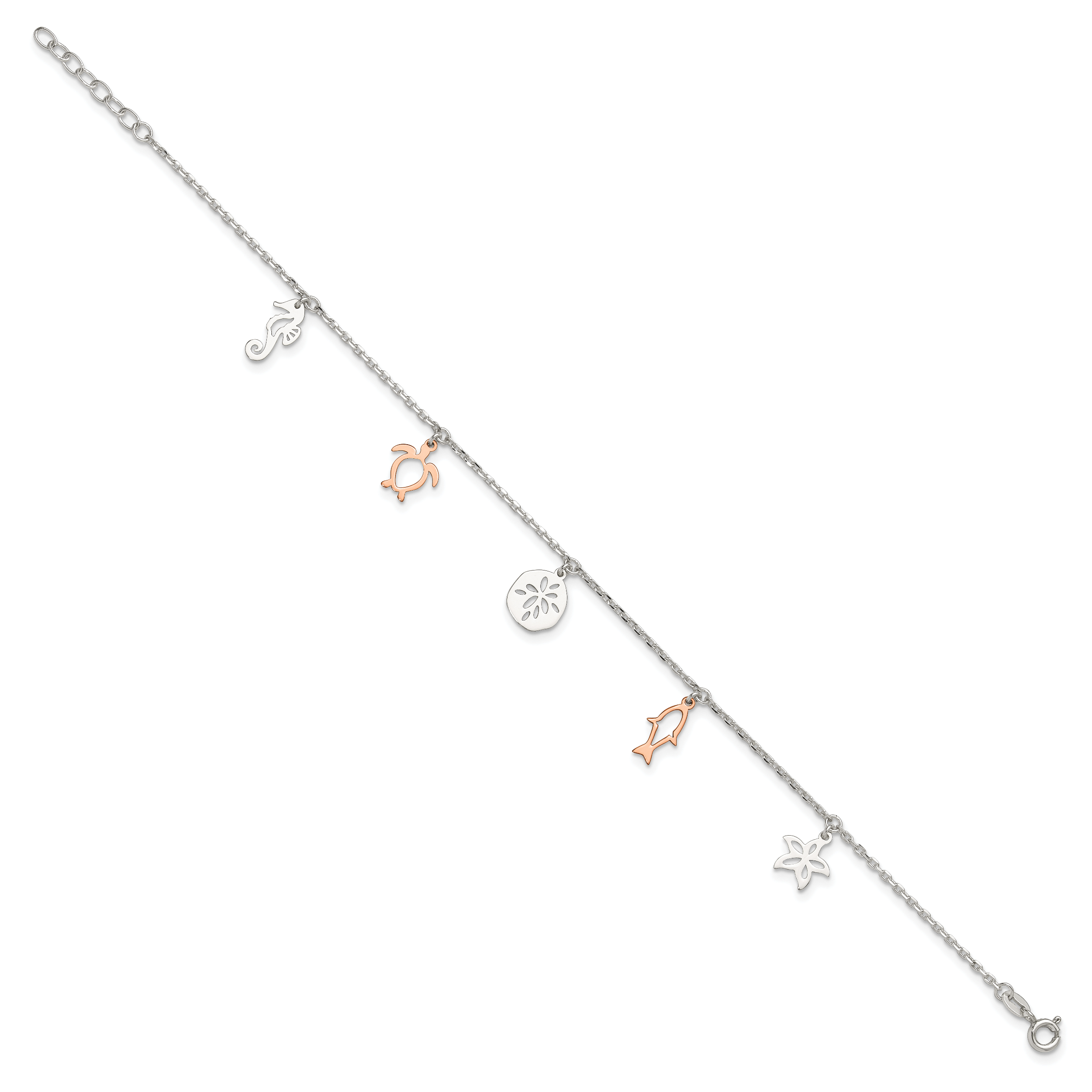 Sterling Silver Rose-tone Seashore Charms 9 inch Plus 1 inch Extender - Total 10 inch Anklet
