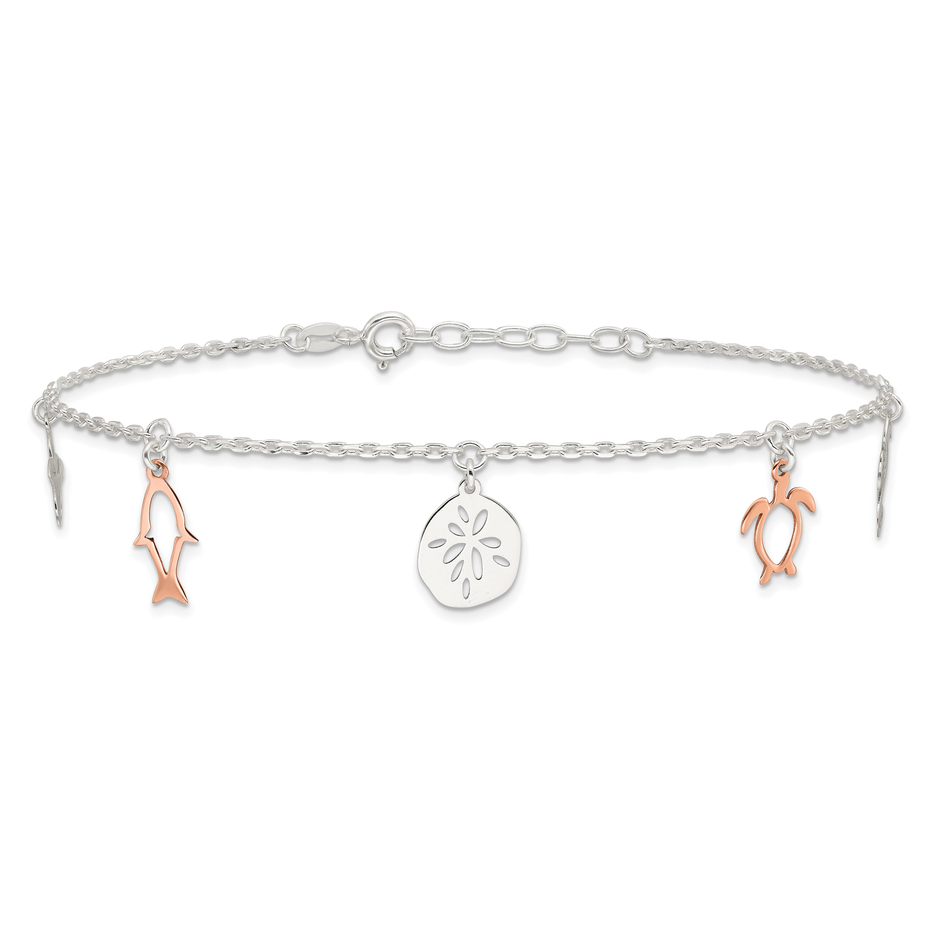 Sterling Silver Rose-tone Seashore Charms 9 inch Plus 1 inch Extender - Total 10 inch Anklet