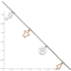 Sterling Silver Rose-tone Seashore Charms 9 inch Plus 1 inch Extender - Total 10 inch Anklet