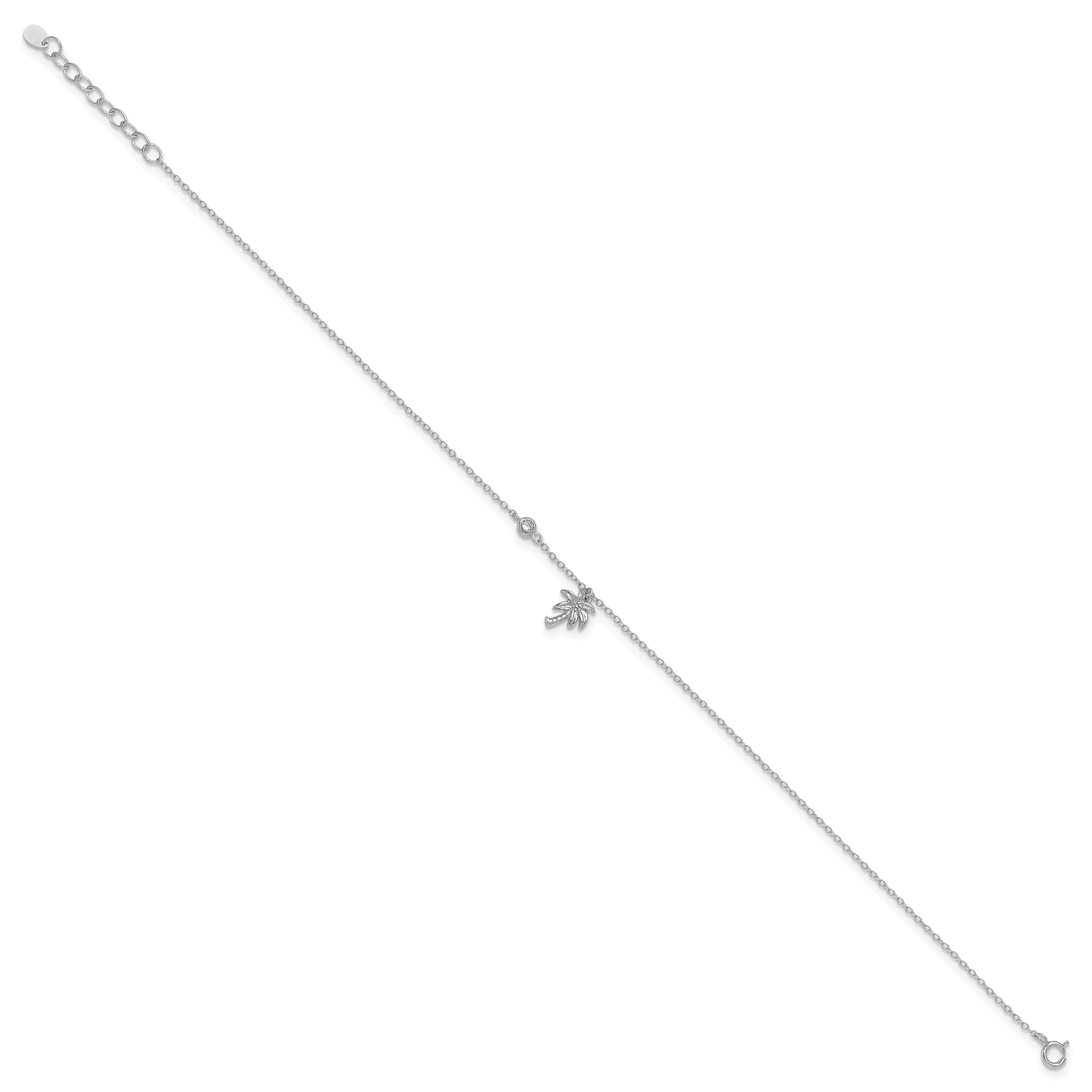 Sterling Silver Rhodium-plated CZ / Palm Tree 9 inch Plus 1 inch Extender  - Total 10 inch Anklet Secondary image