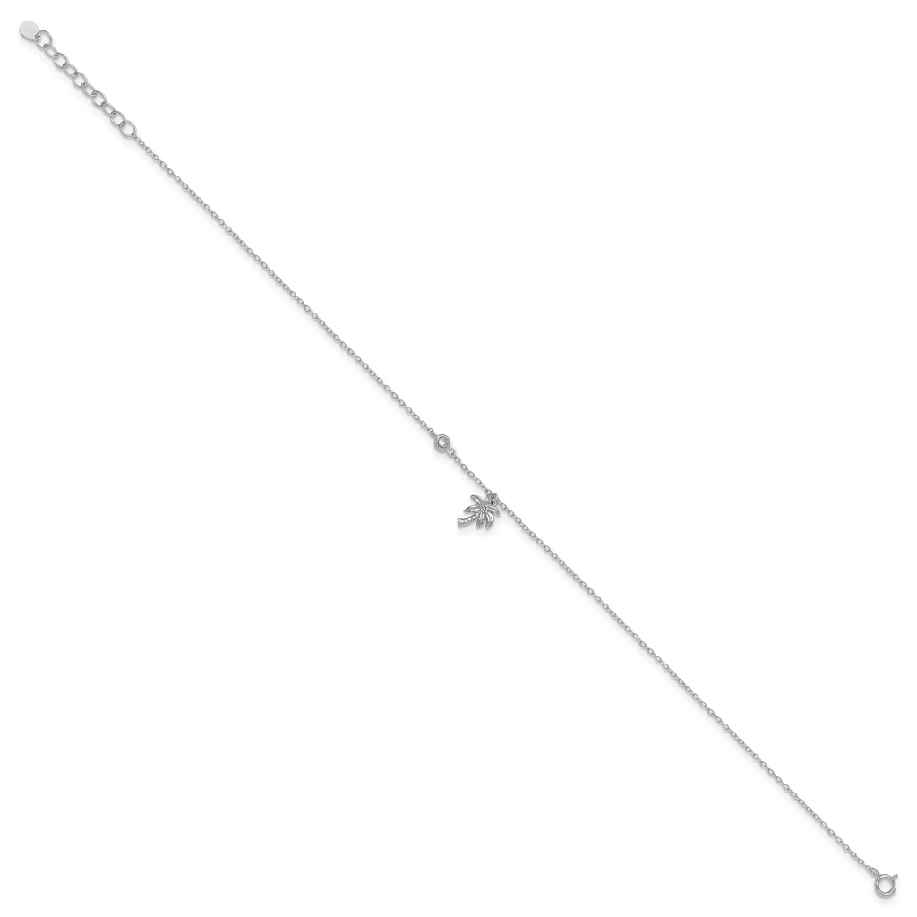 Sterling Silver Rhodium-plated CZ / Palm Tree 9 inch Plus 1 inch Extender  - Total 10 inch Anklet