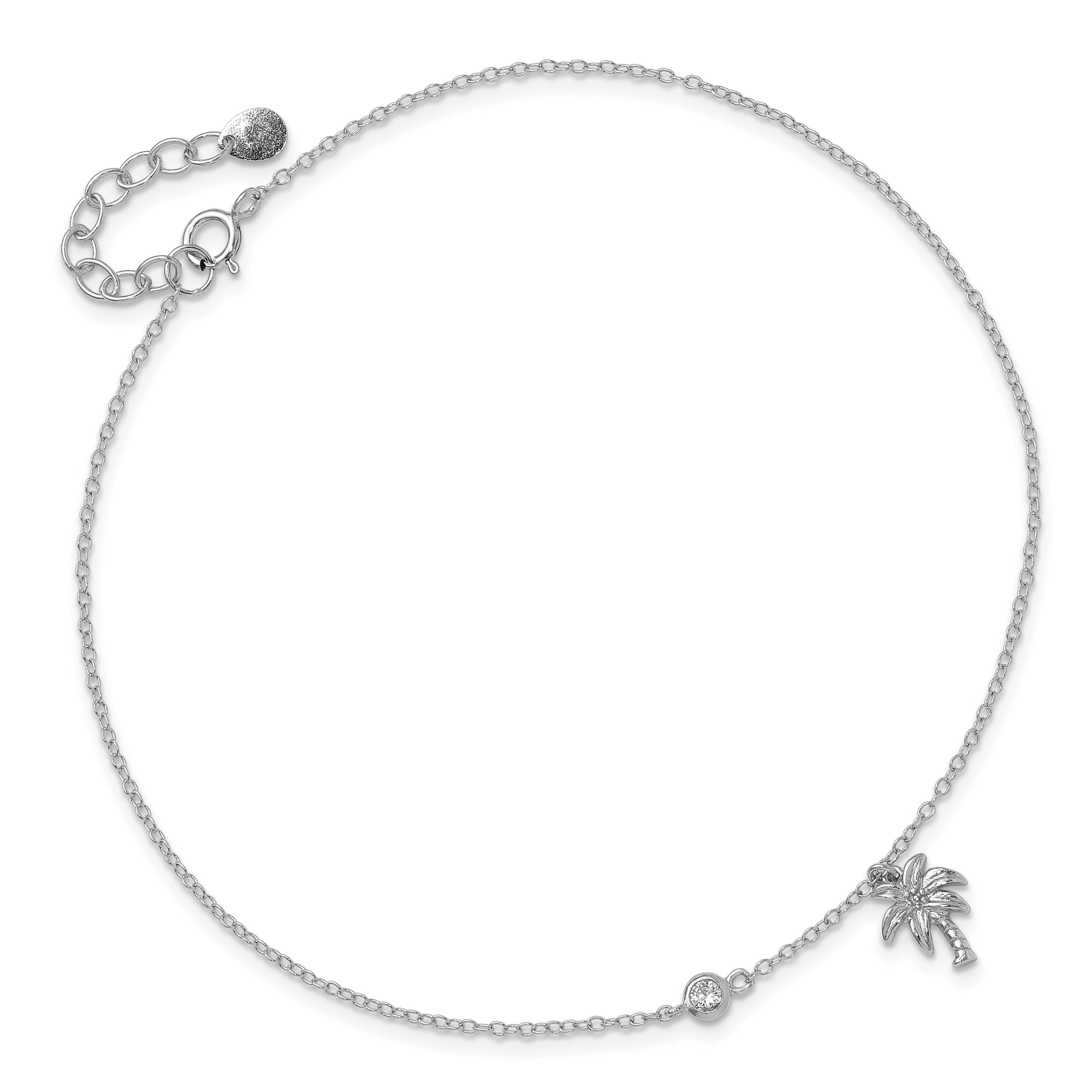 Sterling Silver Rhodium-plated CZ / Palm Tree 9 inch Plus 1 inch Extender  - Total 10 inch Anklet