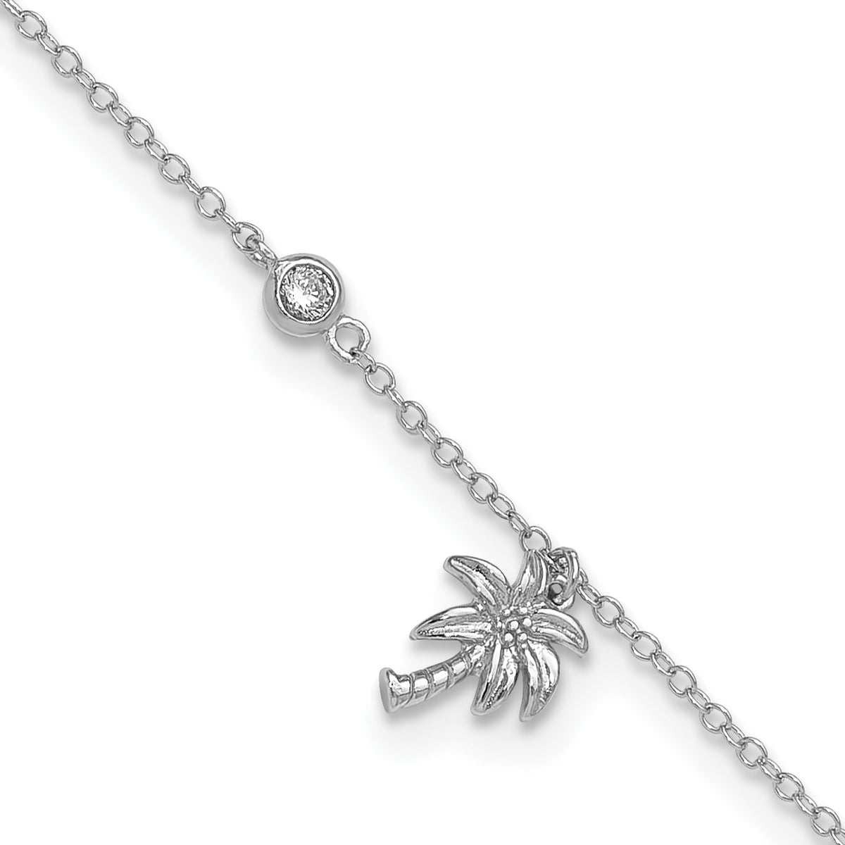 Sterling Silver Rhodium-plated CZ / Palm Tree 9 inch Plus 1 inch Extender  - Total 10 inch Anklet