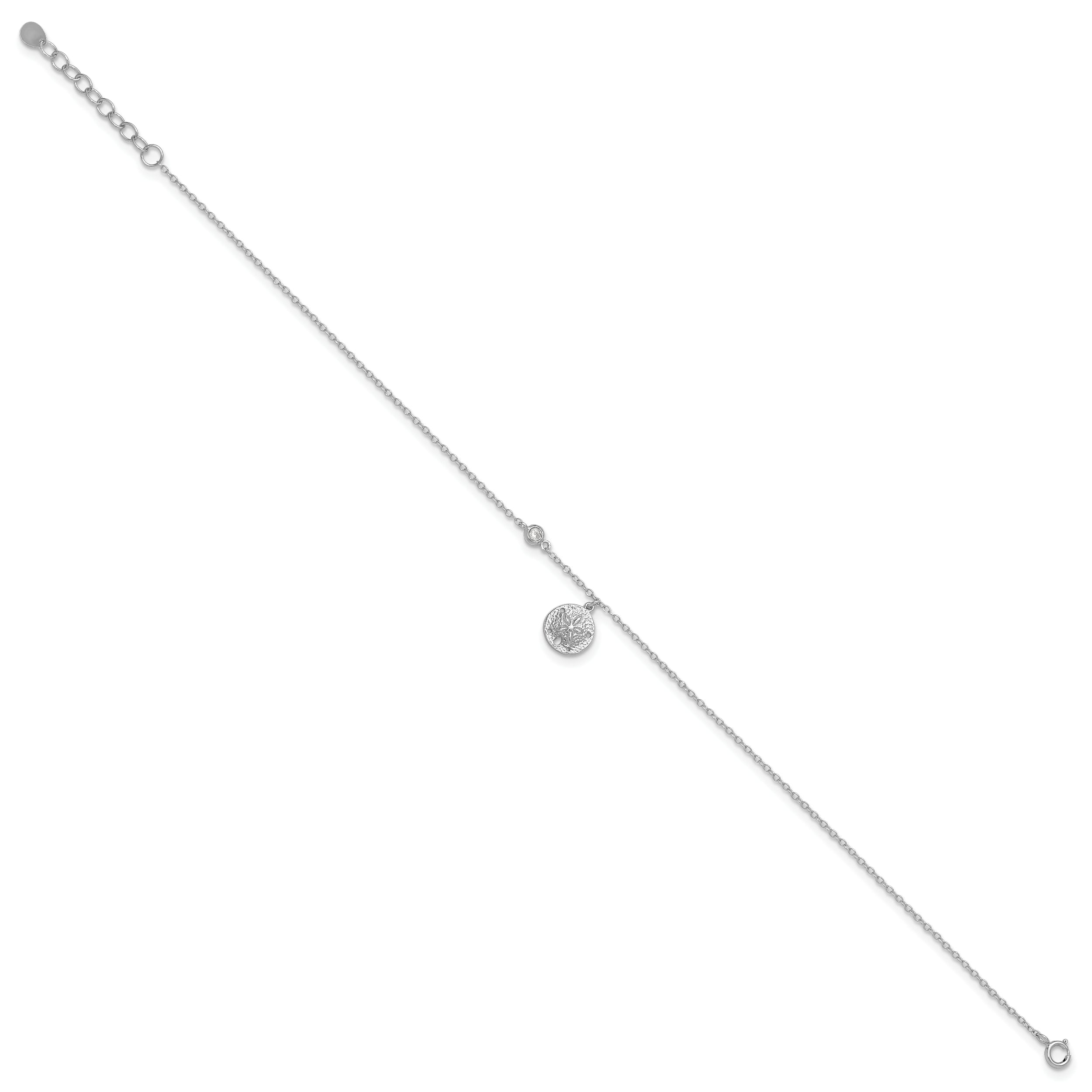 Sterling Silver Rhodium-plated CZ/ Sand Dollar 9 inch Plus 1 inch Extender - Total 10 inch Anklet