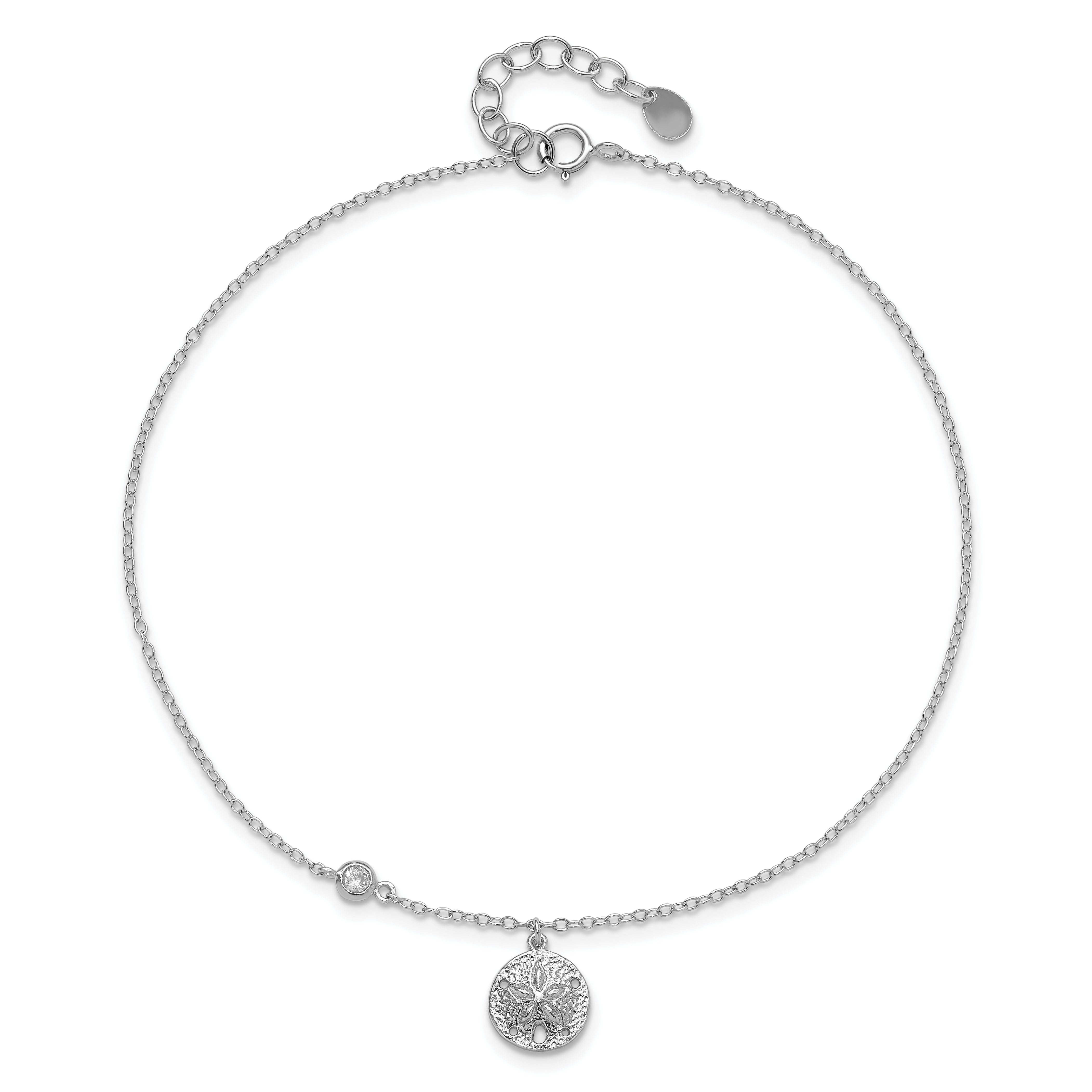 Sterling Silver Rhodium-plated CZ/ Sand Dollar 9 inch Plus 1 inch Extender - Total 10 inch Anklet