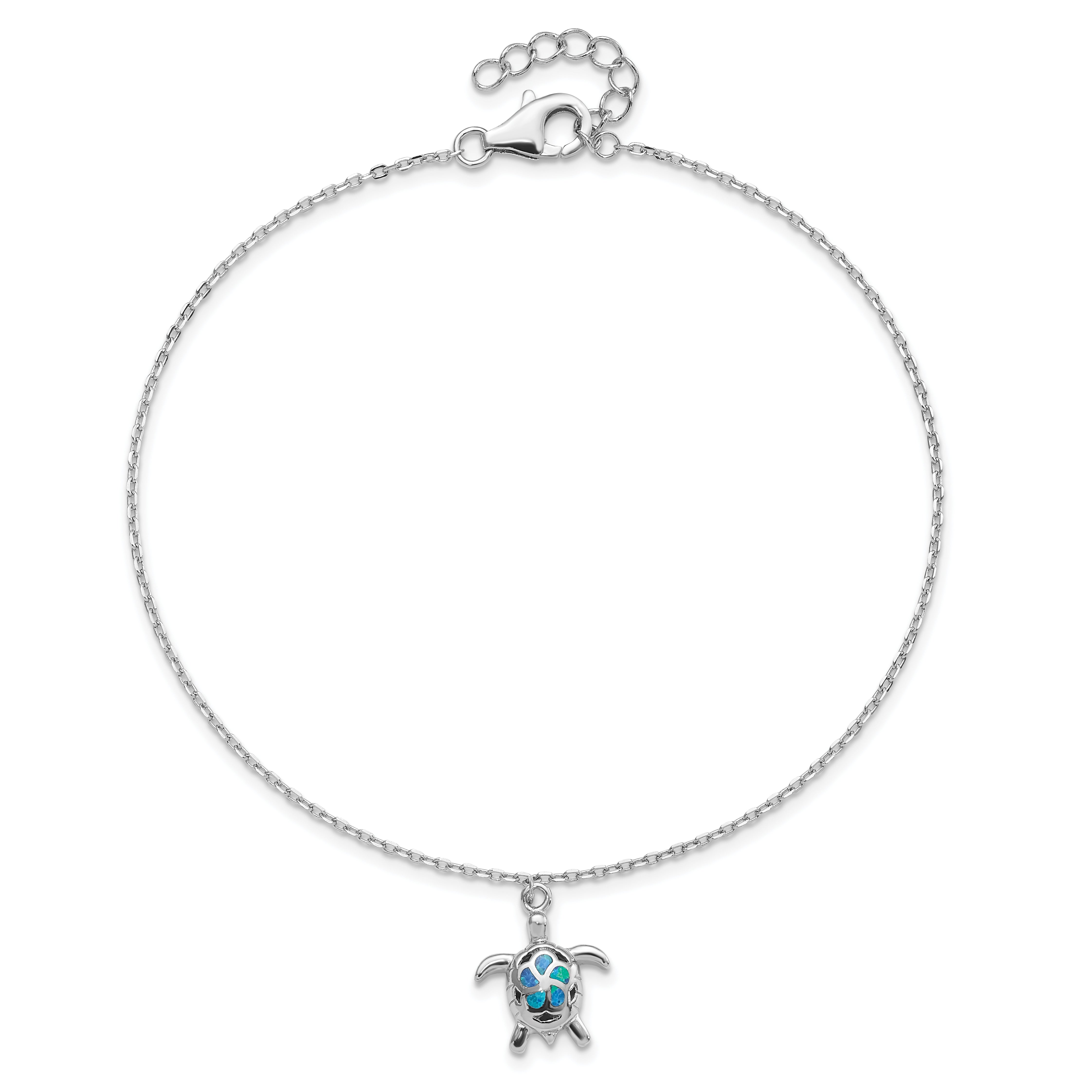 Sterling Silver Rhodium-plated Created Opal Turtle 9 inch Plus 1 inch Extender - Total 10 inch Anklet