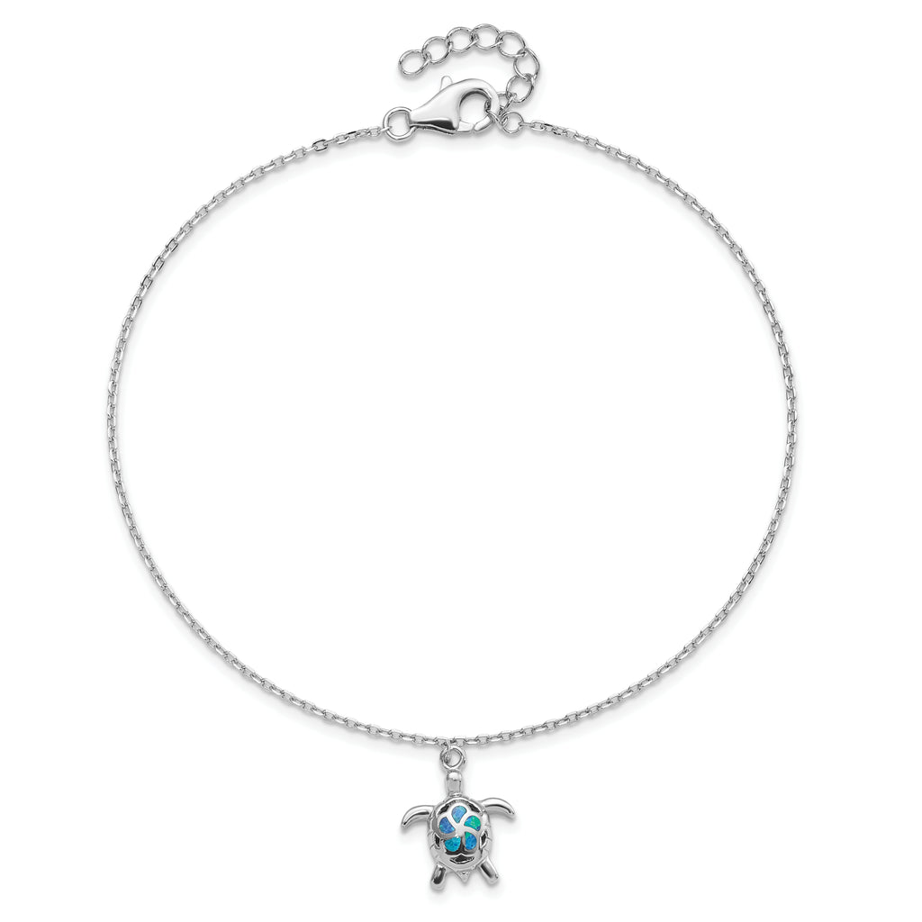 Sterling Silver Rhodium-plated Created Opal Turtle 9 inch Plus 1 inch Extender - Total 10 inch Anklet