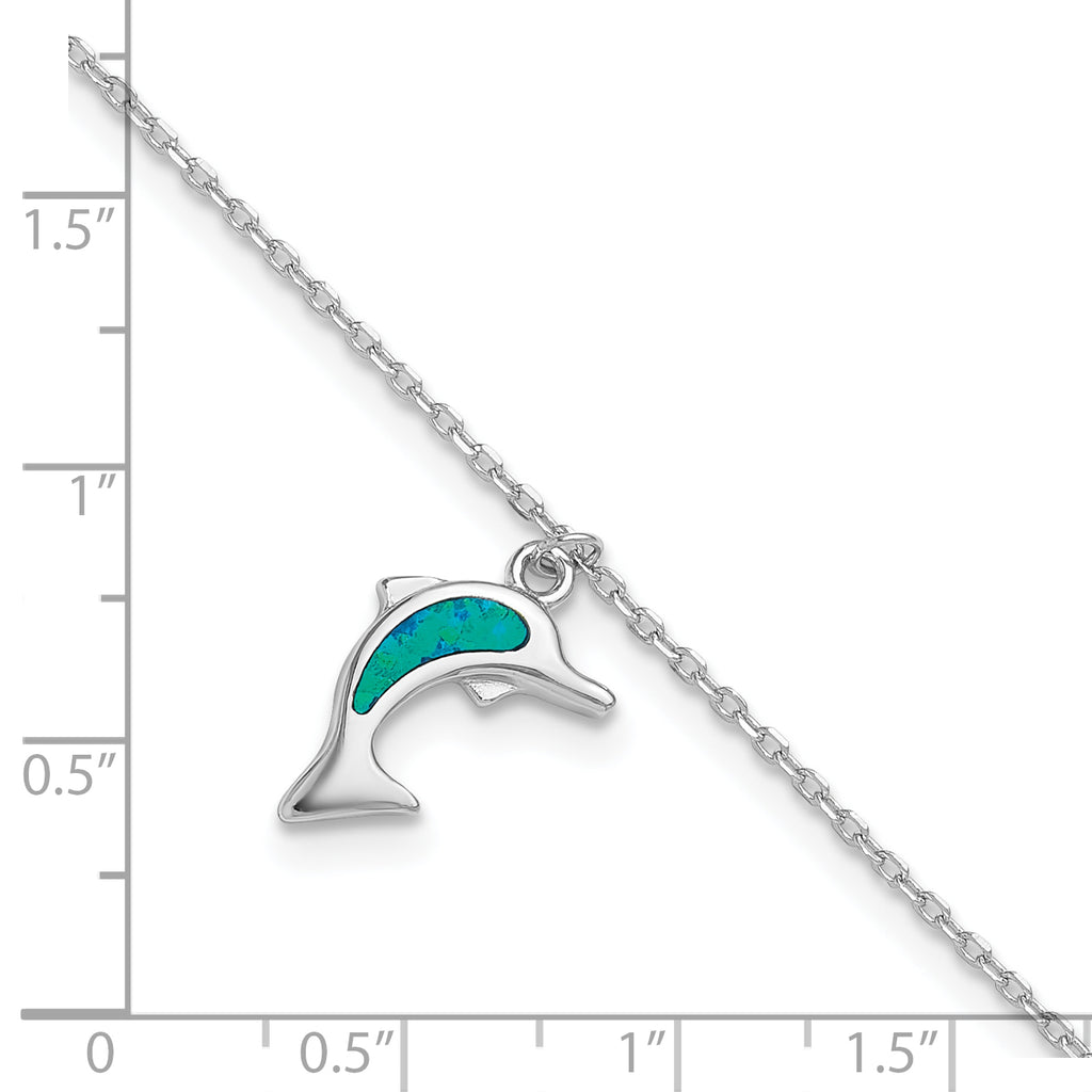 Sterling Silver Rhodium-plated Created Opal Dolphin 9 inch Plus 1 inch Extender - Total 10 inch Anklet