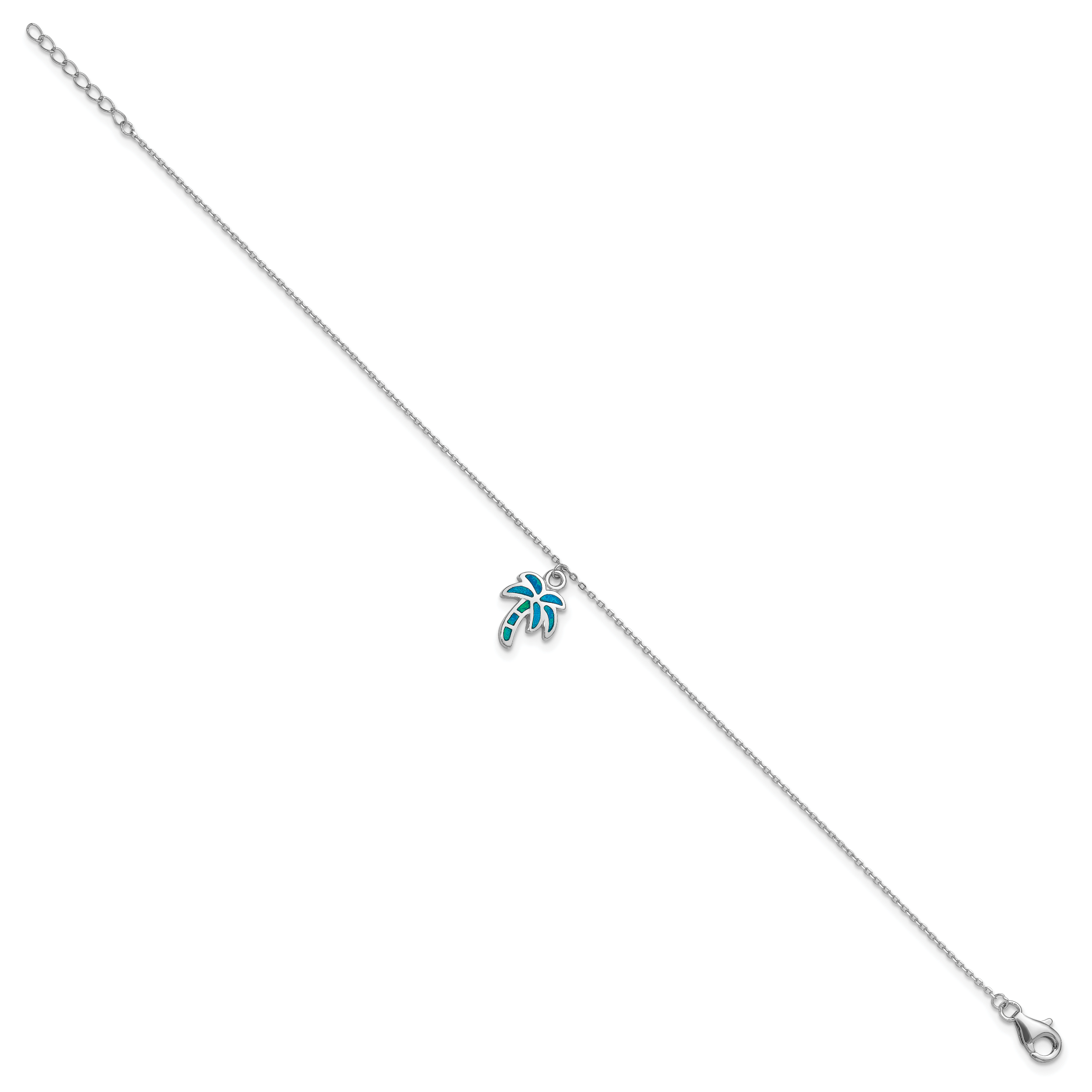 Sterling Silver Rhodium-plated Created Opal Palm Tree 9 inch Plus 1 inch Extender - Total 10 inch Anklet Secondary image